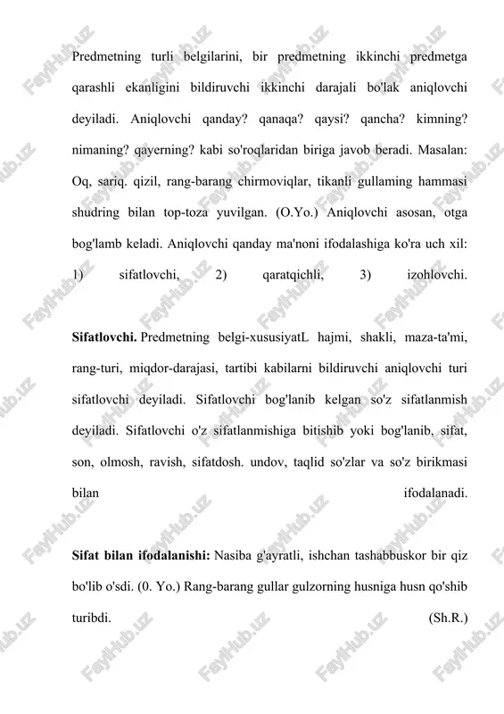 pir so'zini tugatmasdanoq "miyov" degan ovoz eshitildi. (sh. s.) aniqlovchining bunday shakli aniqlanmishga bitishiv yo'l bilan birikadi. ayrim paytda sifatlovchi birikma holida ham kelishi mumkin. masalan: shu topda daraxtlar orasidan otilib chiqqan kiyik alisherni hidladi, erkalanib surkaldi. (o.) qattiq yerdan tatalab chiqqan boychechak, yumshoq yerdan yumalab chiqqan oychechak. (u.) qaratuvchi. o'zi ifoda qilayotgan shaxs yo predmetga boshqa bir shaxs yoki predmetning qarashli ekanligini bildiruvchi aniqlovchi turi qaratuvchi deyiladi. qaratuvchi quyidagi so'z turkumlari bilan ifodalanadi: ot bilan. xalqni jondan sevgan alisher navoiy insonning haq-huquqlarini himoya qiladi va baxt-saodat uchun kurashadi. (0.) laylakning bo'yi novcha, tumshug'i bor tarnovcha. (u.) olmosh bilan. osmonlarda mening ham bitta lochin akam bor. (qo'shiq.) bizning vatanimiz ozod va hur o'zbekiston. (tele eshittirishdan.) otlashgan sifat bilan. yaxshining yaxshiligini ayt nuri toshsin, yomonning yomonligini ayt quti qochsin. (maqol). otlashgan sifatdosh bilan. maqtanganning to'yiga, kerilganning uyiga borma. (maqol.) izohlovchi. shaxs yoki predmetni boshqacha nom berish yo'li bilan aniqlaydigan aniqlovchining bir …