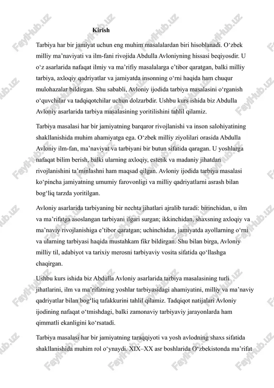 tijalari avloniy ijodining nafaqat o‘tmishdagi, balki zamonaviy tarbiyaviy jarayonlarda ham qimmatli ekanligini ko‘rsatadi. tarbiya masalasi har bir jamiyatning taraqqiyoti va yosh avlodning shaxs sifatida shakllanishida muhim rol o‘ynaydi. xix–xx asr boshlarida o‘zbekistonda ma’rifat va ta’limning rivojlanishi bilan birga, tarbiyaga alohida e’tibor qaratish dolzarb masalaga aylangan edi. shu davrda yashagan ziyolilar, xususan abdulla avloniy, ilmiy va ma’rifiy faoliyatini yoshlarni tarbiyalashga, ularning axloqiy, ma’naviy va intellektual rivojlanishiga bag‘ishlagan. avloniy tarbiyani nafaqat oilaviy va maktab tizimi doirasida, balki jamiyat hayotida faol ishtirok etish orqali shakllanadigan jarayon sifatida ko‘rgan. u yoshlarga bilim olish, mehnatga hurmat, milliy qadriyatlarni asrash va madaniyat bilan shug‘ullanishni targ‘ib qilgan. shu bilan birga, avloniy ma’rifiy adabiyotlar orqali yoshlarni axloqiy tarbiyalash va ularni milliy o‘zligini anglashga chaqirgan. avloniy ijodida tarbiya masalasi bir necha asosiy yo‘nalishda yoritilgan: milliy va ma’naviy qadriyatlarni shakllantirish, ilm-fan va kitobga bo‘lgan muhabbatni rivojlantirish, shuningdek, ayollar va qizlarning tarbiyasi va jamiyatdagi rolini mustahkamlash. bu esa o‘z navbatida, yoshlarning …