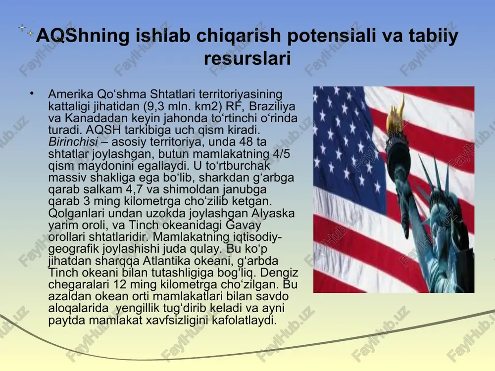 shdagiga nisbatan qazib olish qiymati ancha arzon bo‘lgan rivojlanayotgan mamlakatlar, shuningdek kanada va avstraliya boyliklari ma’qul kelayapti. oqibatda importda yoqilg‘i va mineral xom ashyo ulushi ortayapti, milliy mineral baza roli pasayapti. alyaskada neft konlari ikkinchi jahon urushidan keyinroq ochilgandi, ammo kon zahirasi nisbatan kam ekan. 60-yillarda alyaskada qidiruv ishlari qayta boshlandi va natijada pradxo-beyda zahirasi 2 mlrd. tonadan ziyod noyob koni topildi. u boforta dengizi qirg‘oqlarida, barrou burunidan 300 km. janubi-sharqda, abadiy muzliklar bag‘rida joylashgan. aqsh tashqi iqtisodiy aloqallari tashqi iqtisodiy aloqalar davlatning ko‘p jihatdan ijtimoiy-iqtisodiy rivojlanishini belgilaydi. aqsh da tashqi savdo mamlakat barcha xo‘jaligining ichki bozor bilan birgalikda taksimlovchi tarmog‘i bo‘lib, uni tartibga solishni bitta mahkama-savdo vazirligi amalga oshiradi. aqsh savdo vazirligi bayonotiga ko‘ra, «aqshning bosh savdo siyosati amerika eksporti yo‘lida turgan xorijiy to‘siqlarni bartaraf etish, ayniqsa amerikaliklar xalqaro darajada raqobatbardoshlikka ega sohalarda». aqsh tashqi savdo siyosati strategiyasi yo‘nalishlari orasida quyidagilarni ajratish mumkin: eksportni qo‘llab-quvvatlashni kuchaytirish, xorijiy kontraktlar uchun …