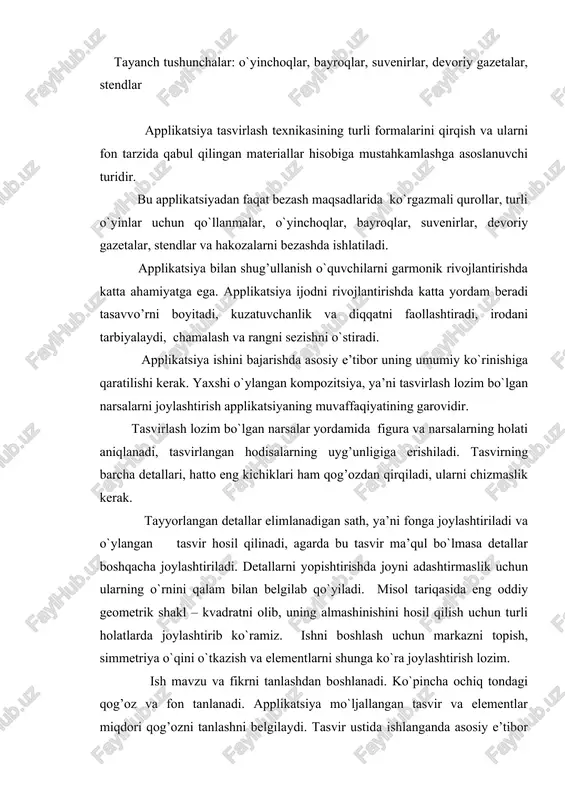 kazish va elementlarni shunga ko`ra joylashtirish lozim. ish mavzu va fikrni tanlashdan boshlanadi. ko`pincha ochiq tondagi qog’oz va fon tanlanadi. applikatsiya mo`ljallangan tasvir va elementlar miqdori qog’ozni tanlashni belgilaydi. tasvir ustida ishlanganda asosiy e’tibor tanlangan mavzuning mazmuniga, kerakli materiallar, ularning o`lchamlari, ranglarini tanlashga qaratiladi. tasvir hajmiga ko`ra eng katta element asosiy tematik element bo`lishi kerak. namuna tariqasida 1-sinf o`quvchilari 8 – mart uchun tabriknoma yasashlari mumkin. bu ishda bolalar andoza bilan ishlaydilar, taxlash va simmetrik qirqishni eslaydilar, chamalash ko`nikmalarini sinaydilar va rangli qog’ozdan ingichka oq va sariq to`g’ri chiziqlarni qirqadilar. quyosh uchun kvadrat qog’ozdan doira qirqsa bo`ladi. bolalar yasagan gullar turlicha bo`lishi mumkin. novdalar ham qo`lda qirqiladi. suhbatni o`qituvchi “8 mart kuni” haqida olib boradi va bunda sovg’a masalasini eslatib o`tadi. eng yaxshi sovg’a o`z qo`li bilan yasagan sovg’adir. suhbatni mehribon buvijonlarimi onajaonlarimiz, opa-singillarimiz haqida bo`lishi mumkin. shundan keyin namuna ko`rib chiqiladi, uning elementlari, ish usullari, kerakli materiallar aniqlanadi va …
