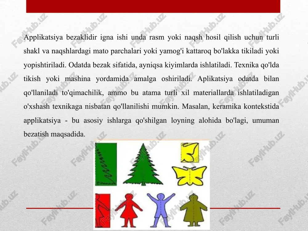 an belgilab qo`yiladi. misol tariqasida eng oddiy geometrik shakl – kvadratni olib, uning almashinishini hosil qilish uchun turli holatlarda joylashtirib ko`ramiz. ishni boshlash uchun markazni topish, simmetriya o`qini o`tkazish va elementlarni shunga ko`ra joylashtirish lozim. namuna tariqasida 1-sinf o`quvchilari 8 – mart uchun tabriknoma yasashlari mumkin. bu ishda bolalar andoza bilan ishlaydilar, taxlash va simmetrik qirqishni eslaydilar, chamalash ko`nikmalarini sinaydilar va rangli qog’ozdan ingichka oq va sariq to`g’ri chiziqlarni qirqadilar. quyosh uchun kvadrat qog’ozdan doira qirqsa bo`ladi. bolalar yasagan gullar turlicha bo`lishi mumkin. novdalar ham qo`lda qirqiladi. suhbatni o`qituvchi “8 mart kuni” haqida olib boradi va bunda sovg’a masalasini eslatib o`tadi. eng yaxshi sovg’a o`z qo`li bilan yasagan sovg’adir. suhbatni mehribon buvijonlarimi onajaonlarimiz, opa-singillarimiz haqida bo`lishi mumkin. shundan keyin namuna ko`rib chiqiladi, uning elementlari, ish usullari, kerakli materiallar aniqlanadi va ishning borishi belgilanadi. 1. tabriknoma uchun qog’oz tayyorlanib u ikkiga buklanadi; 2. ko`k rangdagi qog’ozga to`g’ri burchak chiziladi, uning o`lchami …