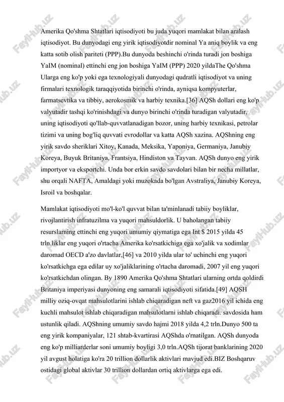 chida eng kuchli mahsulot ishlab chiqaradigan mahsulotlarni ishlab chiqaradi. savdosida ham ustunlik qiladi. aqshning umumiy savdo hajmi 2018 yilda 4,2 trln.dunyo 500 ta eng yirik kompaniyalar, 121 shtab-kvartirasi aqshda o'rnatilgan. aqsh dunyoda eng ko'p milliarderlar soni umumiy boyligi 3,0 trln.aqsh tijorat banklarining 2020 yil avgust holatiga ko'ra 20 trillion dollarlik aktivlari mavjud edi.biz boshqaruv ostidagi global aktivlar 30 trillion dollardan ortiq aktivlarga ega edi. the nyu-york fond birjasi va nasdaq dunyo eng yirik fond birjalari bozor kapitallashuvi va savdo hajmi. chet el investitsiyalari aqshda jami 4,0 trln. amerika esa jami davlat davlatlariga sarmoyalar '. iste'molchilarning ishlab chiqarishi 2018 yilda aqsh iqtisodiyotining 68 sanoatni tashkil etdi, uning esa daromadning mehnat ulushi 2017 yilda 43 foizni tashkil etdi.aqsh eng yirik davlatga ega iste'mol bozori. xalqning mehnat bozori o'ziga jalb qildi butun dunyodan kelgan muhojirlar va uning aniq migratsiya darajasi eng yuqori ko'rsatkichlardan biridir. aqsh kabilarga eng yuqori ko'rsatkich ega iqtisodiyotdan bir biznesni …