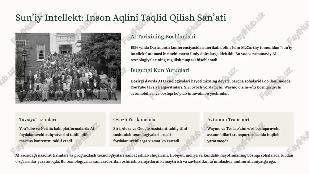 a statistik usullar yordamida tendentsiyalarni aniqlash 03 prognoz yaratish ai algoritmlari asosida kelajakdagi holatlarni bashorat qilish 04 qaror qabul qilish prognoz natijalariga asoslanib strategik rejalarni ishlab chiqish zamonaviy yondashuv bugungi kunda ilmiy prognozlashda sunʼiy intellekt va neyron tarmoqlar asosiy rol oʻynaydi. ular katta hajmdagi maʼlumotlarni qayta ishlash, murakkab boʻgʻlanishlarni aniqlash va yuqori aniqlikdagi bashoratlar taqdim etish imkoniyatini beradi. amaliy ahamiyat ai asosidagi prognozlash iqtisodiyot, ekologiya, tibbiyot va boshqa sohalarda strategik rejalashtirish, resurslarni samarali taqsimlash va risklar bilan ishlashda muhim vosita hisoblanadi. xatolarga bardoshli nazorat tizimlari: nima uchun zarur? iqtisodiy zarar xavfi texnologik uskunalar va sanoat jarayonlarida kutilmagan nosozliklar va ishdan chiqishlar jiddiy iqtisodiy zararlarni keltirib chiqaradi. koʻpincha bunday holatlar vaqtida aniqlash va oldini olish mumkin emas. xavfsizlik talablari murakkab texnologik tizimlar, ayniqsa atom stansiyalari, aviatsiya, kimyo sanoati kabi sohalarda xatolar insonlar hayoti va atrof-muhit uchun xavfli boʻlishi mumkin. samaradorlikni oshirish doimiy monitoring va diagnostika tizimlarni optimal holatda ushlab turish, uzilishlarni …
