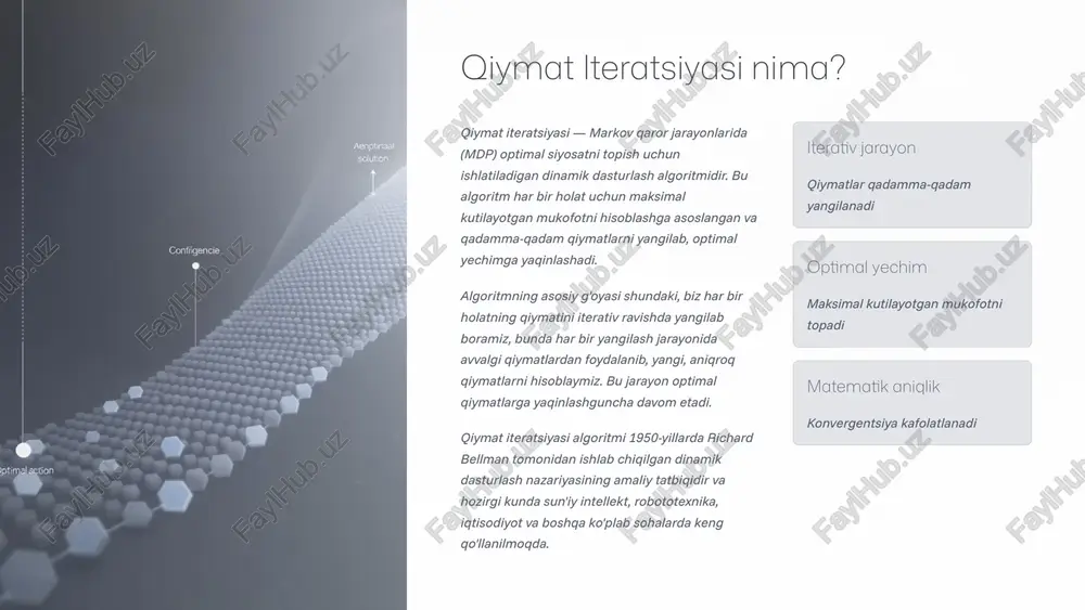 (a) har bir holatda agent bajara oladigan barcha amallar. harakatlar to'plami holatga bog'liq bo'lishi mumkin, ya'ni ba'zi holatlarda ma'lum harakatlar mavjud emas. bu robotning harakat imkoniyatlari, o'yin harakatlari yoki biznes qarorlari bo'lishi mumkin. 3 o'tish ehtimolliklari t(s,a,s') bu p(s'|s,a) ko'rinishida ifodalanadi va biror holatda (s) ma'lum harakat (a) bajarilganda yangi holatga (s') o'tish ehtimolligini bildiradi. stoxastik muhitlarda bu funksiya muhitning noaniqligini modellashtiradi. 4 mukofot funksiyasi r(s,a,s') agent (s) holatdan (a) harakatni bajarib (s') holatga o'tganda oladigan mukofot yoki jazo. bu funksiya agentning maqsadlarini aniqlaydi va qaysi harakatlar afzalroq ekanligini ko'rsatadi. diskont omili γ ∈ (0,1) kelajakdagi mukofotlarning qiymatini kamaytirish uchun ishlatiladi. bu parametr agentning qanchalik uzoq muddatli rejalashtirish qilishini nazorat qiladi: γ 1 ga yaqin bo'lsa, agent uzoq muddatli mukofotlarga ko'proq e'tibor beradi, 0 ga yaqin bo'lsa, faqat yaqin kelajakni hisobga oladi. 3 qiymat iteratsiyasining yangilash qoidasi qiymat iteratsiyasi algoritmining markazida bellman optimal tenglama asosida qurilgan yangilash qoidasi turadi. bu …