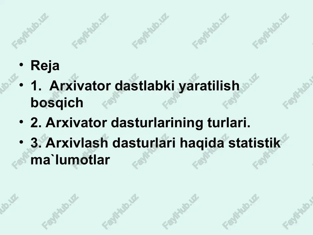 dalangan fayllar esa juda kam-1% ga yaqin siqilai. o’rtacha qilib aytganda arxivlash dasturlari fayllar hajmini 1,5-2 barobar qisqartirishga imkon beradi. arxivlash dasturlari turlari ko’p bo’lib, ular har usullarda ishlatiladi. ular qo’llaniladigan matematik usullar, arxivlash, arxivlash tezligi va eng asosiysi siqish samaradorligi bilan farq qiladi. arxivlash dasturlaridan yetarli darajada tez va yaxshi ishlaydiganlari pkzip, lharc, arj, rar va boshqalar. arxiv fayl yagona faylga faylga birlashtirilgan bir yoki bir nechta fayllarning siqilgan holdagim ko’rinishi bo’lib, undan kerakli holatlarda fayllarni kerakli ko’rinishda chiqarib olish mumkin. arxiv fayli undagi fayllar nomlarini ko’rsatuvchi mundarijaga ega bo’ladi. arxivda jo’ylashgan har bir fayl haqida ma’lumot beruvchi mundarijada quyidagilar joylashgan bo’ladi: fayl nomi; fayl joylashgan katalog; fayl o’zgartirilganligi haqida ko’rsatuvchi sana va vaqt; faylning diskdagi, arxivdagi o’lchami va parametrlari. arxivatorlar- bu shunday dasturlarki, ular yordamida bir yoki bir necha fayllarni yagona fayl – arxivga kichraytirish imkoniyati mavjud bo’ladi. fayl-arxiv - hajmi, uning tartibiga kiradigan fayllar hajmdan kichik bo’ladi. …