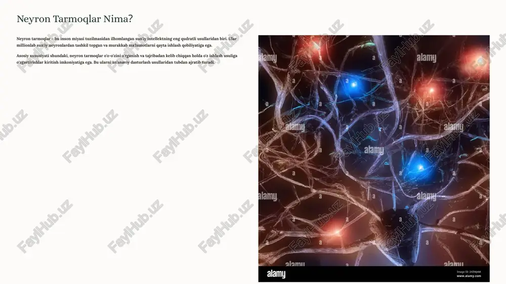 otesmaster1.xml.rels ppt/notesslides/_rels/notesslide1.xml.rels ppt/notesslides/_rels/notesslide10.xml.rels ppt/notesslides/_rels/notesslide2.xml.rels ppt/notesslides/_rels/notesslide3.xml.rels ppt/notesslides/_rels/notesslide4.xml.rels ppt/notesslides/_rels/notesslide5.xml.rels ppt/notesslides/_rels/notesslide6.xml.rels ppt/notesslides/_rels/notesslide7.xml.rels ppt/notesslides/_rels/notesslide8.xml.rels ppt/notesslides/_rels/notesslide9.xml.rels ppt/_rels/presentation.xml.rels ppt/slidelayouts/_rels/slidelayout1.xml.rels ppt/slidelayouts/_rels/slidelayout10.xml.rels ppt/slidelayouts/_rels/slidelayout11.xml.rels ppt/slidelayouts/_rels/slidelayout2.xml.rels ppt/slidelayouts/_rels/slidelayout3.xml.rels ppt/slidelayouts/_rels/slidelayout4.xml.rels ppt/slidelayouts/_rels/slidelayout5.xml.rels ppt/slidelayouts/_rels/slidelayout6.xml.rels ppt/slidelayouts/_rels/slidelayout7.xml.rels ppt/slidelayouts/_rels/slidelayout8.xml.rels ppt/slidelayouts/_rels/slidelayout9.xml.rels ppt/slidemasters/_rels/slidemaster1.xml.rels ppt/slides/_rels/slide1.xml.rels ppt/slides/_rels/slide10.xml.rels ppt/slides/_rels/slide2.xml.rels ppt/slides/_rels/slide3.xml.rels ppt/slides/_rels/slide4.xml.rels ppt/slides/_rels/slide5.xml.rels ppt/slides/_rels/slide6.xml.rels ppt/slides/_rels/slide7.xml.rels ppt/slides/_rels/slide8.xml.rels ppt/slides/_rels/slide9.xml.rels [content_types].xml neyron tarmoqlarning boshqaruvda qo'llanilishi va afzalligi. reja: 1. neyron tarmoqlarning asosiy tuzilishi 2. boshqaruvda neyron tarmoqlarning afzalliklari 3. o'zbekiston misoli: suv ta'minoti va energiya tizimlari neyron tarmoqlar nima? neyron tarmoqlar – bu inson miyasi tuzilmasidan ilhomlangan sun'iy intellektning eng qudratli usullaridan biri. ular millionlab sun'iy neyronlardan tashkil topgan va murakkab ma'lumotlarni qayta ishlash qobiliyatiga ega. asosiy xususiyati shundaki, neyron tarmoqlar o'z-o'zini o'rganish va tajribadan kelib chiqqan holda o'z ishlash usuliga o'zgartirishlar kiritish imkoniyatiga ega.