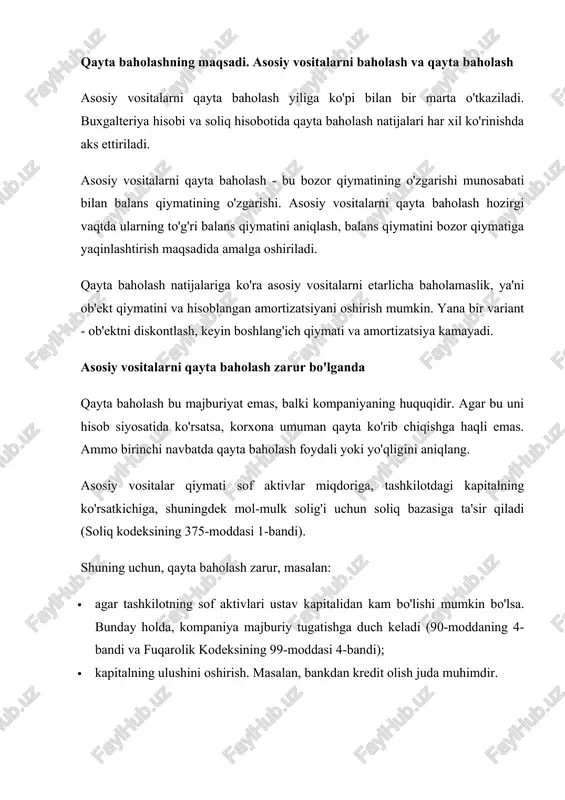 ktga chegirma berish foydali bo'ladi. qancha marta baholasam bo'ladi tijorat tashkilotlari asosiy vositalarni yiliga ko'pi bilan bir marta qayta ko'rib chiqish huquqiga egadirlar (pbu 6/01 "asosiy vositalarni hisobga olish" ning 15-bandi). hisob siyosatida ko'rsatilgan davriylik. kompaniya barcha asosiy vositalarni birdaniga emas, balki shunga o'xshash ob'ektlar guruhlari bo'yicha qayta baholay oladi. masalan, faqat transport vositalari yoki ko'chmas mulkni ortiqcha baholang. buxgalteriya hisobida asosiy vositalarni qayta baholash asosiy vositalarni qayta baholash quyidagicha. birinchidan, asosiy vositaning joriy yoki almashtirish qiymatini aniqlang. bu mol-mulkning bozor qiymatiga, ya'ni tashkilot aynan o'sha ob'ektni sotib olish uchun sarflagan miqdoriga teng. mulkning bozor narxini bilish uchun baholovchi kompaniya bilan bog'laning yoki shunga o'xshash ob'ektlar to'g'risidagi ma'lumotlar asosida o'zingiz narxni aniqlang. ikkinchidan, boshning buyrug'ini berish. bu ob'ektlarni qanday asosda qayta baholashni rejalashtirganingizni ko'rsatishi kerak. uchinchidan, qayta baholash natijalari asosida yangi boshlang'ich qiymati va qayta tiklangan amortizatsiya ko'rsatilgan hujjat tuzing (6/1-sonli rf ning 15-bandi). agar siz faqat bitta ob'ektni qayta …