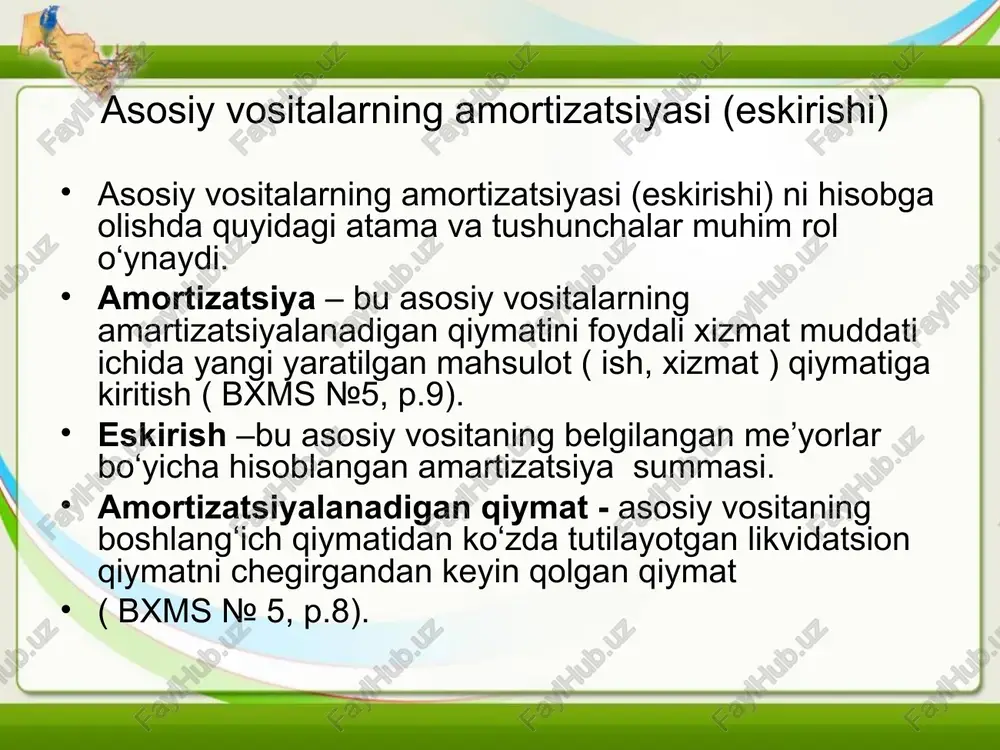 ymatni ko‘zda tutish majburiy hisoblanmaydi. shuning uchun bu qiymat bo‘lmasligi ham mumkin. bunday holda asosiy vositaning amortizatsiyalanadigan qiymati bevosita uning boshlang‘ich qiymatidan iborat bo‘ladi. bxms № 5 «asosiy vositalar»ga muvofiq asosiy vositalarni yillik amortizatsiya (eskirish) summasi (as) qo‘yidagicha aniqlanadi: qoldiq qiymat ko‘zda tutilgan asosiy vositalar bo‘yicha boshlang‘ich qiymat – likvidatsion qiymat as = ------------------------------------------------------------- (1) xizmat muddati qoldiq qiymat ko‘zda tutilmagan asosiy vositalar bo‘yicha boshlang‘ich qiymat as = ------------------------------ (2) xizmat muddati barcha asosiy vositalar bo‘yicha likvidatsion qiymatni belgilangan miqdorlari yoki ularni belgilanmaganligi ham korxonalarning buyruq bilan tasdiqlangan hisob siyosatlarida to‘liq o‘z aksini topishi lozim. hisob siyosatida asosiy vositalar bo‘yicha foydali xizmat muddati ichida jamlanib boruvchi amortizatsiyani (eskirishni) hisoblash usullari ham belgilab olingan bo‘lishi kerak. bxms №5 «asosiy vositalar» ga muvofiq (p.23,24) jamlangan amortizatsiya (eskirish) ni hisoblash qo‘yidagi usullar bo‘yicha amalga oshirilishi mumkin: bir maromda hisoblash; bajarilgan ish hajmiga proporsional hisoblash; xizmat yillari yig‘indisiga proporsional hisoblash (kumulyativ usul); kamayib boruvchi …