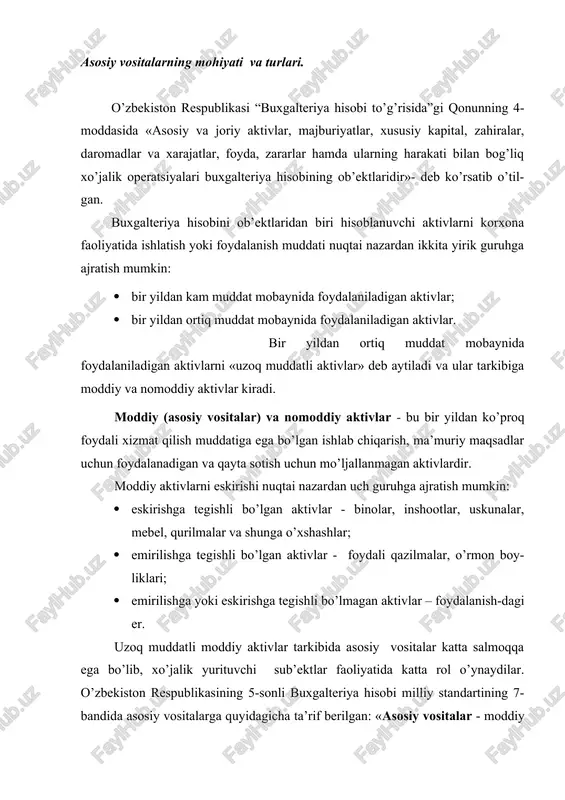 sohalarida uzoq (bir yildan ortiq) muddat davomida foydalaniladigan hamda ijaraga berish uchun mo’ljallangan moddiy aktivlardir». berilgan ta’rifga ko’ra, asosiy vositalarning asosiy xususiyatlari - korxonalar faoliyatida uzoq muddat mobaynida foydalanishi yoki ijaraga be-rilishidir. shuningdek, ularning yana boshqa xususiyatlari – xizmat muddati mo-baynida o’zini natural-buyum shaklini saqlab qolishi va o’z qiymatini sekin-asta eskirish tariqasida chiqarib borishidir. asosiy vositalar tarkibi, xizmat muddati, qiymati va boshqa bir qator ji-hatlari bo’yicha turlicha bo’lishi ularni hisobga olishda ham bir qator muammo-larni yuzaga keltiradi. asosiy vositalarning foydali xizmat qilish muddati davomida davriy es-kirish hisoblab boriladi. bir qator asosiy vositalarning barcha qiymati eski-rish yo’li bilan hisobdan chiqarib borilsa, boshqa bir turdagi asosiy vosi-talarning tugatish qiymatidan qolgan qismi eskirish tariqasida hisobdan chiqarib boriladi. asosiy vositalarni hisobga olishda e’tibor beriladigan yana bir masala bu ularning qaysi birlarini eskirish summasini ishlab chiqarilgan mahsulot tan-narxi tarkibiga kiritish yo’li bilan qoplanadi-yu, qaysi birlarini qiymati foyda hisobidan koplanishini aniqlab olishdir. bu masalalar o’z navbatida …