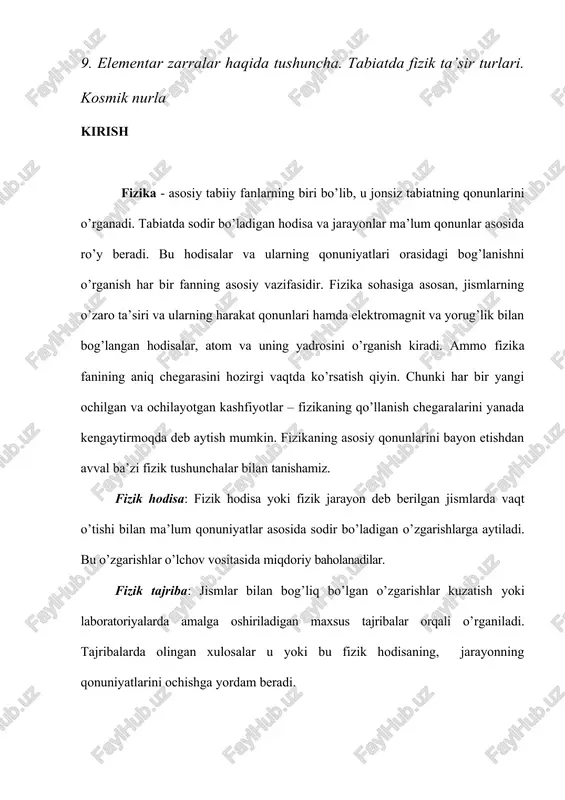 lar sifatida kuch, tezlik, tezlanish va boshqa kattaliklarni keltirish mumkin. fizik kattaliklar jismning xossasini yoki fizik jarayonning xarakteristikasini ifoda etadilar va ularni aniq miqdoriy tomondan o’lchash mumkin. fizik kattaliklarni o’lchaganda ularni birlik deb qabul qilingan kattalikka nisbatan solishtirib, miqdoriy belgilanadi. fizikadagi barcha ilmiy ishlarda fizik kattaliklarni aniq o’lchash tajribaning asosiy qismi hisoblanadi. fizik qonunlar: barcha hodisalar va jarayonlar o’zaro bir-biri bilan bog’langan holda sodir bo’ladi. kuzatish va tajriba yo’li bilan bu bog’lanishlar qonuniyatlari aniqlanadi va ulardan umumiy xarakterga ega bo’lgan qonuniyatlar fizik qonunlarni tashqil etadi. har bir fizik hodisa tekshirilganda bu fizik qonunlar asos qilib olinadi. hozirgi zamon atom fanining, texnikaning va energetikaning ulkan yutuqlari – atom va yadro fizikasining intensiv rivoshlanishi natijasidir. hozirgi zamon atom va yadro fizikasi modda tuzilishi haqidagi ta’limotning negizi hisoblanadi. bundan tashqari, nafaqat modda ( gazlar, suyuqliklar va qattiq jismlar ), balki materiyaning boshqa turlari ham atomistik tabiatga ega. shuning bilan bir qatorda materiya harakati …