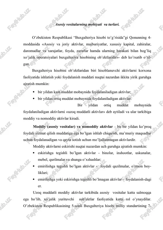 bekiston respublikasining 5-sonli buxgalteriya hisobi milliy standartining 7-bandida asosiy vositalarga quyidagicha ta’rif berilgan: «asosiy vositalar - moddiy ishlab chiqarish va noishlab chiqarish sohalarida uzoq (bir yildan ortiq) muddat davomida foydalaniladigan hamda ijaraga berish uchun mo’ljallangan moddiy aktivlardir». berilgan ta’rifga ko’ra, asosiy vositalarning asosiy xususiyatlari - korxonalar faoliyatida uzoq muddat mobaynida foydalanishi yoki ijaraga be-rilishidir. shuningdek, ularning yana boshqa xususiyatlari – xizmat muddati mo-baynida o’zini natural-buyum shaklini saqlab qolishi va o’z qiymatini sekin-asta eskirish tariqasida chiqarib borishidir. asosiy vositalar tarkibi, xizmat muddati, qiymati va boshqa bir qator ji-hatlari bo’yicha turlicha bo’lishi ularni hisobga olishda ham bir qator muammo-larni yuzaga keltiradi. asosiy vositalarning foydali xizmat qilish muddati davomida davriy es-kirish hisoblab boriladi. bir qator asosiy vositalarning barcha qiymati eski-rish yo’li bilan hisobdan chiqarib borilsa, boshqa bir turdagi asosiy vosi-talarning tugatish qiymatidan qolgan qismi eskirish tariqasida hisobdan chiqarib boriladi. asosiy vositalarni hisobga olishda e’tibor beriladigan yana bir masala bu ularning qaysi birlarini eskirish …
