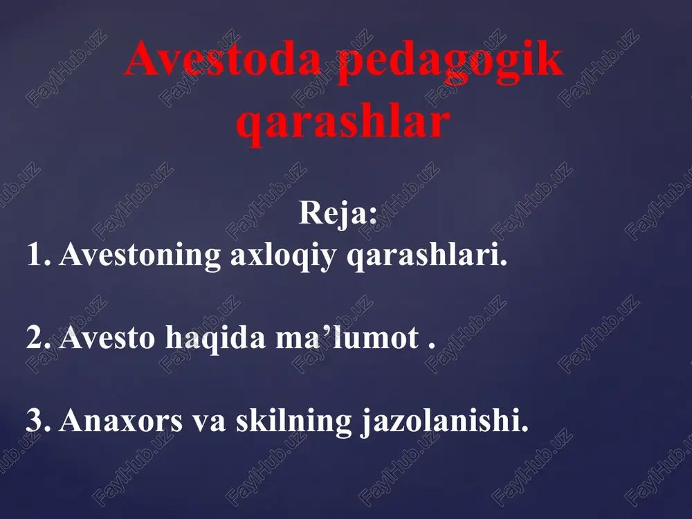 bi xudo va ma’budalar madh etilgan ibodat qo’shiqlari beriladi. «avesto»da ilk foniy odam – gaya marta haqida rivoyatlar keltirilgan. u zardo’shtiylikda yer yuzida yashagan birinchi odam sifatida tasavvur etiladi. o’rta asr manbalarida uning nomi gavomard, gayomat, gopat shoh, qo’bodshoh, kayumars tarzida bitilgan. gaya marta ikki vujudli, ho’kiz va odamdan tashkil topgan. uni ezgulik xudosi axura mazda dantiya daryosining bo’yidagi ar’yana vejada yetmish kun mobaynida yaratgan. odam boshli, ho’kiz qiyofasidagi haykalchalar o’zbekiston (jumladan, samarqand shahri yaqinidagi tali barzu tepaligi, xorazm viloyatining shovot tumani hududi)dan topilgan. «avesto» eramizdan oldingi vii asrning oxiri va vi asrning boshlarida yaratilgan. uning qadimgi qismlari miloddan avvalgi 2000-1000 yillarga taalluqli, deb qaraladi. «avesto»ning qisqargan shakli «zand avesto» deb nomlangan. u pahlaviy, sanskrit (qadimgi hind) tiliga tarjima qilingan va sharhlar bitilgan. u bir necha marta yevropa tillariga, jumladan, rus tiliga ham ag’darilgan. «avesto»ni o’zbek kitobxonlari a.mahkam, m.isoqov va boshqalar tarjimasida o’qishmoqda. yaxshilik va yomonlik o’rtasidagi kurash «avesto»ning bosh …