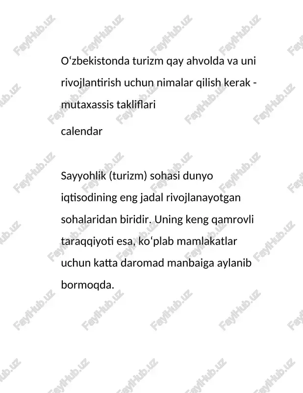 aslo xos emas afsuski, o‘zbekiston bu sohada hali ancha orqada ekanligini ko‘rish mumkin. xususan, butunjahon turizm va sayohatlar bo‘yicha kengashi (btsk) tomonidan berilgan bahoga ko‘ra, o‘zbekiston sayyohlar tashrifi bo‘yicha dunyo mamlakatlari orasida 150-o‘rinni egallaydi. yurtimiz jahon sayyohlik bozorida o‘z o‘rniga ega bo‘lishiga qaramasdan, turistlarga qulay sharoit yaratish, servis xizmatini yaxshilash, sayyohlik obidalarining jozibadorligini oshirish va reklamani kuchaytirish darajasi juda past. shuning uchun bu borada sezilarli o‘sish haqida fikr yuritish ana shu omillarga bog‘liq. turizm bo‘yicha raqobatbardosh mamlakatlar reytingida dunyodagi (madaniy zaxiralar, arzon infratuzilma, sayyohlik mahsulotlari narxi, xavfsizlik darajasi, xalqaro shaffoflik jihatidan) eng jozibador 140 ta sayyohlik maskani qayd etilgan bo‘lib, ushbu ro‘yxatda qozog‘iston 85-o‘rin, qirg‘iziston 116-o‘rin, tojikiston 119-o‘rinni egallagan, o‘zbekiston esa markaziy osiyo davlatlari o‘rtasida eng oxirgi o‘rinda turibdi va bu reytingga kiritilmagan. yaqinda rasmiy saytlardan birida 2017 yilning birinchi yarmida yurtimizga 1 million 800 ming nafar sayyoh tashrif buyurgani, bu ko‘rsatkich 2016 yilga qaraganda 17 foizga oshgani haqidagi maqolaga …