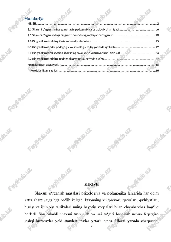 on beradi. shaxsning psixologik va ijtimoiy xususiyatlarini chuqurroq anglash, uning qadriyatlar tizimi va ijtimoiy roli haqida to‘liqroq tasavvur hosil qilish mumkin bo‘ladi. biografik metod shuningdek, pedagogik jarayonda o‘quvchilarning individual xususiyatlarini aniqlash, ularni rivojlantirish va tarbiyaviy ishlarni samarali tashkil etishda ham keng qo‘llaniladi. biografik metod tarixan psixologiya va pedagogika fanlarida uzoq yillar davomida shakllangan. u shaxsni o‘rganishda sub’ektiv va ob’ektiv ma’lumotlarni uyg‘unlashtirishga imkon beradi, shaxsning hayotiy voqealari va ularning shaxsga ta’siri o‘rtasidagi bog‘liqlikni aniqlash imkoniyatini yaratadi. bu metod nafaqat ilmiy tadqiqotlarda, balki amaliy psixologik maslahatlar, kasbiy yo‘nalishlarda,ijtimoiy va pedagogik sohalarda shaxsning individual xususiyatlarini baholashda ham qo‘llaniladi. mavzuning dolzarbligi shaxsni o‘rganish masalasi zamonaviy psixologiya va pedagogika fanlarida katta ahamiyat kasb etadi, chunki har bir insonning xulq-atvori, qarorlari, qadriyatlari va ijtimoiy faoliyati uning hayotiy tajribasi bilan chambarchas bog‘liq bo‘ladi. bugungi kunda jamiyatda individual yondashuvga bo‘lgan talab ortib bormoqda. ta’lim jarayonida o‘quvchilarning individual xususiyatlarini aniqlash, ularning qobiliyatlari va qiziqishlarini hisobga olish, shuningdek pedagogik va …