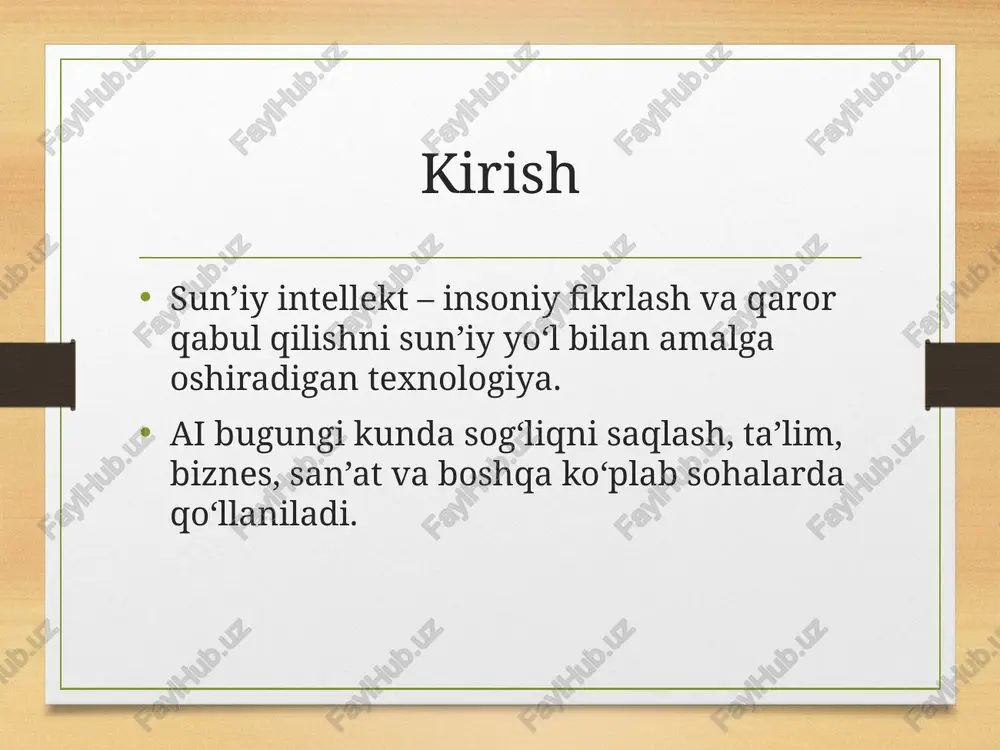 grammatik xatolarni tuzatish va matnni o‘ziga uslubda ifodalashda yordam beradi. artbreeder honada arvohlar bor va ular bolalarni ustiga bostirib kelishardi qo'ziqorinlar saltanati ai ilovalari taqqoslanishi chatgpt – ta’lim – matn tahlili va yaratuvchanlik grammarly – yozuv – grammatik aniqlik dall·e – san’at – rasm yaratish gemini – ma’lumot – yangilik va google integratsiya watson – tibbiyot – tahlil va tashxis ai texnologiyalari xavflari • ish o‘rinlarining kamayishi. • noto‘g‘ri axborot (deepfake). • etika va maxfiylik muammolari. manipulyatsiya biror inson yoki tizim (masalan, ai) boshqalar ongiga ta’sir qilib, ularni bilmagan holda o‘z xohishiga binoan harakat qilishga undashi. misol iboralar: "ai bizning ongimizni manipulyatsiya qiladi" "fikrimizni boshqaradi va ong ostiga singadi" "bizni bilmagan holda tanlov qilishga majbur qiladi" "psixologik ta’sir orqali ongimizni nazorat qiladi" xulosa • ai hayotni yengillashtiradi va imkoniyatlarni oshiradi. • ammo, uni ehtiyotkorlik bilan va ongli boshqarish zarur. image7.png image8.jpeg image9.jpeg image3.png image4.png chatgpt /docprops/thumbnail.jpeg hozirgi kunda mashhue sun'y …