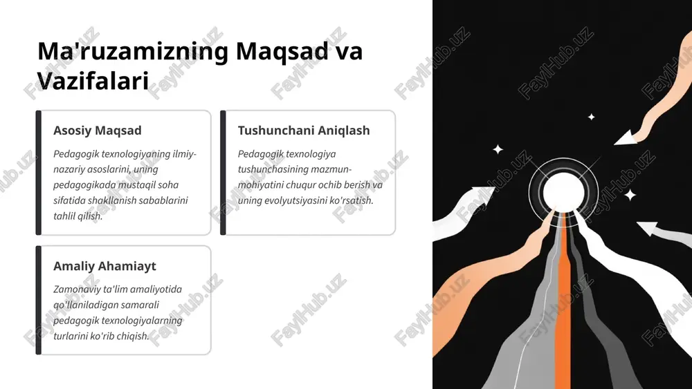 tirishga sharoit yaratadi. samaradorlikni oshirish vaqt va resurslardan oqilona foydalanish hisobiga ta'lim sifatini sezilarli darajada yaxshilaydi. 5 an'anaviy va innovatsion pedagogik texnologiyalar pedagogik texnologiyalar ta'limga yondashuv bo'yicha ikkiga ajratiladi. an'anaviy texnologiyalar markazda: o'qituvchi. asosiy usul: ma'ruza va takrorlash. natija: bilimlarni uzatish va yodlash. innovatsion texnologiyalar markazda: o'quvchi va uning faoliyati. asosiy usul: interfaol usullar, loyiha va muammoli ta'lim. natija: ko'nikma, malaka va shaxsiy rivojlanish. 6 zamonaviy pedagogik texnologiyalarning turlari va ularning qo'llanilishi muammoli ta'lim texnologiyasi o'quvchilarni muammo ustida mustaqil fikrlashga va uni hal qilish yo'llarini topishga undaydi. kooperativ ta'lim (kichik guruhlarda ishlash) jamoaviy ishlash, muloqot va o'zaro yordam ko'nikmalarini rivojlantiradi. loyiha texnologiyasi amaliy ahamiyatga ega bo'lgan yakuniy mahsulot yaratish orqali bilimlarni mustahkamlaydi. o'yinli texnologiyalar o'rganish jarayonini qiziqarli qiladi, motivatsiyani oshiradi va stressni kamaytiradi. 7 pedagogik texnologiyalarning ta'lim samaradorligini oshirishdagi roli an'anaviy yondashuv pedagogik texnologiya pedagogik texnologiyalarni qo'llash o'quv jarayonining barcha ko'rsatkichlari bo'yicha yuqori samaradorlikni namoyish etadi. 8 pedagogik texnologiya rivojlanishining …
