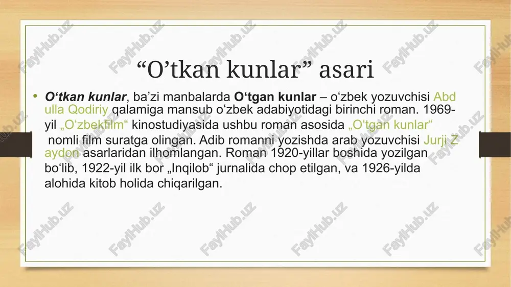iyotda hozirgi zamon ma’nosidagi etuk adabiyotimizning g’alabasigina bo’lib qolmay, butun o’zbek mumtoz adabiyotidan abadiy o’rin oldi. «o’tgan kunlar» da o’zbeklar va boshqa  o’rta osiyo xalqlari hayotining xix asr birinchi yarmidagi manzarasi yoritilgan. roman tarixiy faktlarni aytib berishdan voz kechadi va voqealar romanning mazmunini tashkil yetuvchi xususiy voqea munosabati bilan tilga oladi, ammo shu shaxsiy voqea orqali bizning ko’z oldimizda tarixiy voqealarning ichki faktlarini, ularning astarini ochib beradi.... mamlakat hayoti va asarning koloriti, ularning odatlari va xalqlari tarixiy romanning har bir xususiyatida (garchi bu uning maqsadi bo’lmasada) yaqqol ko’rinib turadi. shuning uchunham tarixiy roman-fan sifatida tarixning san’at bilan qo’shilib ketgan nuqtasidir, tarixning qo’shimchasidir; go’yoki uning boshqa tomonidir.  abdulla qodiriy o’z tasvirida tarixiy faktlarga, hatto ayrim shaxslarxudoyorxon, musulmonqul, azizbek va boshqalarni tasvirlashga suyangan holda, davr tavsifi, «jamiyat hayotining poyetik analizi» ni romanning markaziy qahramonlari otabek va kumushning taqdirini tasvirlash orqali beradi. otabek va unga hayrihoh kishilarning taqdiri juda murakkab, ba’zan …