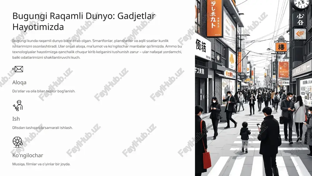 . ko'ngilochar streaming xizmatlari va vr o'yinlar dam olishni qiziqarli qiladi. 4 xavfsizlik chorasi: ma'lumotlar himoyasi va kiberxavfsizlik asoslari xavfsizlik – gadjetlardan foydalanishning asosiy sharti. ma'lumotlar himoyasi uchun kuchli parollar va ikki bosqichli autentifikatsiyani qo'llang. kiberxavfsizlikda viruslarga qarshi dasturlar va shubhali havolalardan qoching. shaxsiy ma'lumotlarni baham ko'rishda ehtiyot bo'ling, chunki kiberhujumlar moliyaviy yo'qotishlarga olib kelishi mumkin. doimiy yangilanishlar xavfni kamaytiradi. parollar kuchli va noyob parollar yarating, ularni muntazam o'zgartiring. antivirus ishtirok etilgan dasturlardan foydalaning va skanerlarni ishga tushiring. yangilanishlar os va ilovalarni doimiy yangilab turing xavflardan himoyalanish uchun. 5 madaniyatli foydalanish: etiket va odatlar madaniyatli foydalanish jamiyatda hurmatni saqlaydi. jamoat joylarida ovoz balandligini pasaytiring va shaxsiy suhbatlarda gadjetlarni chetga qo'ying. oila va do'stlar bilan vaqt o'tkazganda e'tiborni taqsimlang. etiket qoidalari: ovqatlanishda telefonni stolga qo'ymang, kinoda sukut saqlang. bu odatlar sog'lom munosabatlarni mustahkamlaydi. jamoatda sukut saqlang. suhbatda e'tiborni jamlang. oila vaqtida gadjetlarni chetga qo'ying. 6 vaqtni boshqarish: gadjetlarga qaramlikdan saqlanish gadjetlarga …