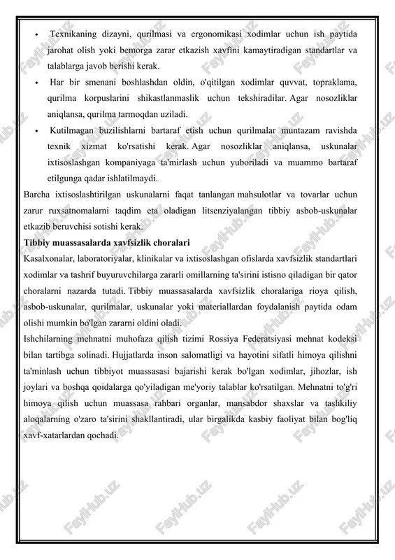 standartlar va talablarga javob berishi kerak. · har bir smenani boshlashdan oldin, o'qitilgan xodimlar quvvat, topraklama, qurilma korpuslarini shikastlanmaslik uchun tekshiradilar. agar nosozliklar aniqlansa, qurilma tarmoqdan uziladi. · kutilmagan buzilishlarni bartaraf etish uchun qurilmalar muntazam ravishda texnik xizmat ko'rsatishi kerak. agar nosozliklar aniqlansa, uskunalar ixtisoslashgan kompaniyaga ta'mirlash uchun yuboriladi va muammo bartaraf etilgunga qadar ishlatilmaydi. barcha ixtisoslashtirilgan uskunalarni faqat tanlangan mahsulotlar va tovarlar uchun zarur ruxsatnomalarni taqdim eta oladigan litsenziyalangan tibbiy asbob-uskunalar etkazib beruvchisi sotishi kerak. tibbiy muassasalarda xavfsizlik choralari kasalxonalar, laboratoriyalar, klinikalar va ixtisoslashgan ofislarda xavfsizlik standartlari xodimlar va tashrif buyuruvchilarga zararli omillarning ta'sirini istisno qiladigan bir qator choralarni nazarda tutadi. tibbiy muassasalarda xavfsizlik choralariga rioya qilish, asbob-uskunalar, qurilmalar, uskunalar yoki materiallardan foydalanish paytida odam olishi mumkin bo'lgan zararni oldini oladi. ishchilarning mehnatni muhofaza qilish tizimi rossiya federatsiyasi mehnat kodeksi bilan tartibga solinadi. hujjatlarda inson salomatligi va hayotini sifatli himoya qilishni ta'minlash uchun tibbiyot muassasasi bajarishi kerak bo'lgan xodimlar, …