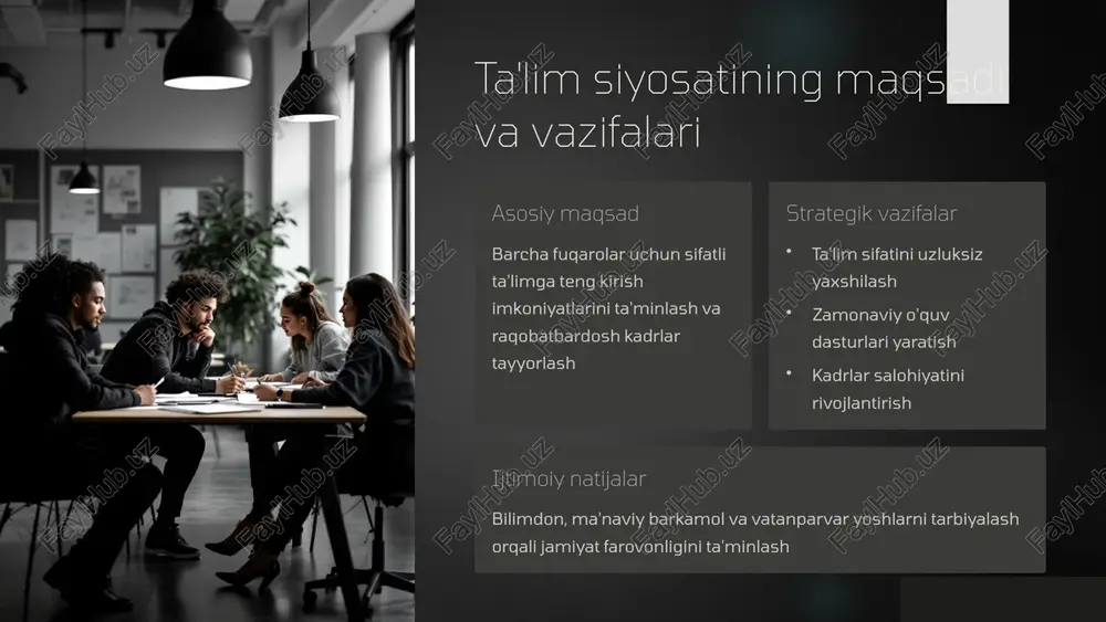 barqarorlik ta'minlanadi. 5 ta'lim tizimida innovatsiyalar va raqamlashtirish raqamli texnologiyalar interaktiv doskalar, planshetlar va zamonaviy kompyuter dasturlari orqali o'quv jarayonini modernizatsiyalash masofaviy ta'lim online platformalar orqali ta'lim olish imkoniyatlari va virtual sinf xonalarini yaratish sun'iy intellekt shaxsiylashtirilgan o'quv dasturlari va avtomatlashtirilgan baholash tizimlarini joriy etish raqamli transformatsiya orqali ta'lim sifatini oshirish va zamonaviy talablarga javob berish. 6 o'qituvchilar malakasini oshirish va rag'batlantirish malaka oshirish dasturlari muntazam treninglar va seminarlar xalqaro tajriba almashish zamonaviy o'qitish metodlari raqamli ko'nikmalar rivojlantirish rag'batlantirish tizimi ish haqi va nafaqani oshirish ijtimoiy kafolatlar professional o'sish imkoniyatlari mukofot va tan olish dasturlari 25% ish haqi o'sishi so'nggi 3 yil ichida o'qituvchilar ish haqining o'rtacha o'sish ko'rsatkichi 5000+ malaka oshirgan har yili malaka oshirish kurslaridan o'tgan pedagog xodimlar soni 7 ta'lim sifatini nazorat qilish mexanizmlari sifat baholash muntazam monitoring va baholash tizimlari orqali ta'lim sifatini nazorat qilish standartlar nazorati milliy ta'lim standartlariga muvofiqlik va talablarni bajarish nazorati tashqi …