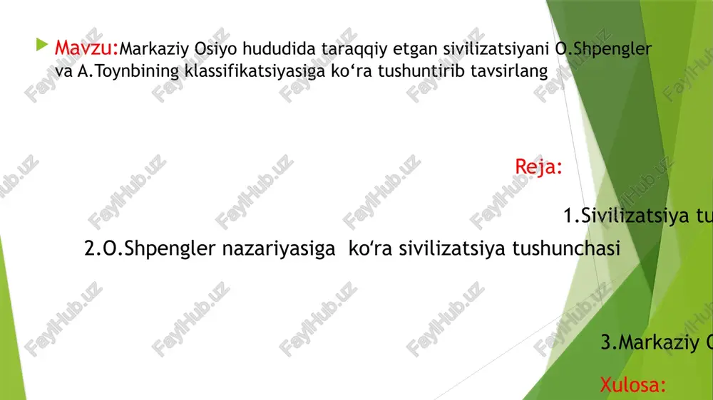 tafovut mavjudligini ko’rsatib o’tgan edi. ko’pchilik faylasuflar “sivilizatsiya” deganda jamiyatning moddiy-texnika yutuqlarini, “madaniyat” deganda esa faqat uning ma’naviy qadriyatlarini tushunishgan. o.shpengler nazariyasiga koʻra sivilizatsiya tushunchasi xx asr boshlariga kelib, nemis faylasufi o.shpengler “yevropa quyoshining so’nishi” asarida madaniyat va sivilizatsiya tushunchalarini bir-biriga qarama-qarshi qo’ydi. uning fikricha, sivilizatsiya madaniyatning eng yuqori bosqichi bo’lib, undan keyin esa madaniyat asta-sekin inqirozga yuz o’giradi. nemis faylasufi sivilizatsiya deganda texnik- mexanik jarayonlar majmuini nazarda tutgan. madaniyatning paydo bo’lishi insoniyatning yovvoyilikdan keyingi davri bilan bog’liq bo’lsa, sivilizatsiya – tarixiy jarayon, ijtimoiy hodisadir. sivilizatsiyaning rivojlanishi jamiyatni yuksaltirishga olib keladi, natijada bu jamiyat fuqarolar erkinligini ta’minlash imkoniyatini yaratadi. shpengler taraqqiyotning chiziqli koʻrinishini rad etib, oʻrniga sivilizatsiyalarning yuksalishi va qulashi uchun tekislik modelini taklif qilib, tarixda oʻziga xos nuqtai nazarni ishlab chiqdi.u madaniyatlar va sivilizatsiyalar organik organizmlarga oʻxshash cheklangan umrga ega ekanligini taʼkidladi.ular tugʻilishi va oʻsishdan yetuklik va pasayishgacha boʻlgan bashorat qilinadigan bosqichlardan oʻtadi.shpengler har bir sivilizatsiyalarning rivojlanishini shakllantiruvchi oʻziga …