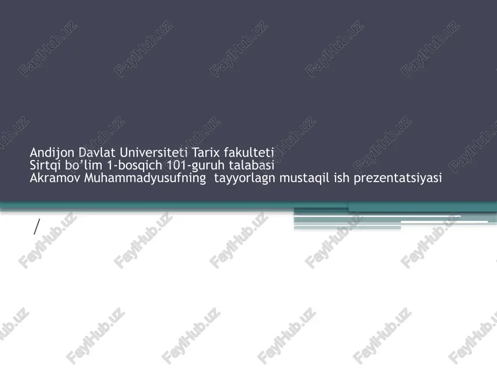 izimi va ijtimoiy ahamiyati • buxoro amirligi viloyatlar, tumanlar va qishloqlarga bo‘lingan. • har bir viloyatni bek yoki hokim boshqargan. • mansablar amir farmoni bilan berilgan. • unvonlar sadoqat va xizmatga qarab taqdirlangan. xulosa • buxoro amirligi boshqaruv tizimi qat’iy ierarxiyaga ega bo‘lgan. • saroy unvonlari davlat, harbiy, diniy va iqtisodiy sohalarni muvozanatda ushlab turgan. • bu tizim tarixiy davrda siyosiy va ijtimoiy hayotni belgilab bergan. foydalanilgan adabiyotlar: 1. ziyo, a. o‘zbekiston tarixi (xviii–xix asrlar). toshkent, 2010. 2. sodiqov, h. buxoro amirligi tarixi va siyosiy tizimi. toshkent, 2018. 3. karimov, b. markaziy osiyo davlat boshqaruv tizimlari. samarqand, 2021. /docprops/thumbnail.jpeg buxoro amirligida saroy unvonlari va mansablari 1 ee anit nage emmy maton roe