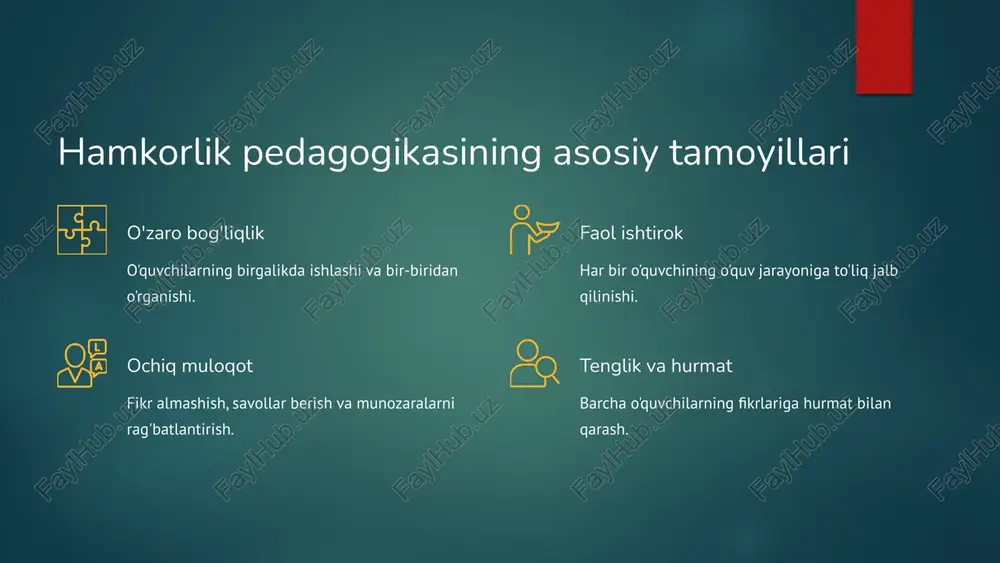 : hamkorlik va o'zini o'zi baholash o'zaro baholash o'quvchilar bir-birining ishini adolatli va ob'ektiv baholashni o'rganadi, bu ularning tanqidiy fikrlashini rivojlantiradi. o'zini o'zi baholash o'quvchilar o'zlarining yutuqlari va kamchiliklarini tahlil qilish orqali o'quv jarayoniga mas'uliyatli yondashishni o'rganadi. kriterial baholash aniq mezonlar asosida baholash tizimi o'quvchilarga o'z taraqqiyotini kuzatishga yordam beradi. 6 hamkorlik pedagogikasini amaliyotga tatbiq etish yo'llari hamkorlik pedagogikasini ta'lim jarayoniga integratsiya qilish bir qator amaliy choralarni talab etadi. 01 o'qituvchilarning tayyorgarligi hamkorlik usullarini samarali qo'llash uchun o'qituvchilarga maxsus treninglar o'tkazish. 02 o'quv materiallarini moslashtirish guruh ishlari va loyihalarga mos keladigan materiallar yaratish. 03 o'quv muhitini yaratish muloqot va hamkorlikni rag'batlantiruvchi qulay sinf muhitini ta'minlash. 04 texnologiyalardan foydalanish hamkorlik platformalari va raqamli vositalarni joriy etish. 7 xulosa va kelgusi istiqbollar hamkorlik pedagogikasi – bu faqatgina o'qitish usuli emas, balki kelajak avlodni yanada ijodkor, mas'uliyatli va hamjihat insonlar qilib tarbiyalashga qaratilgan falsafa. u xxi asr ko'nikmalarini rivojlantirishda muhim ahamiyat kasb etadi. …
