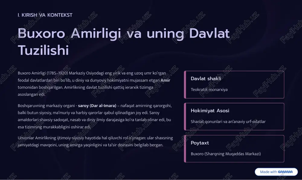 ni taqsimlash va ijro etishda ishtirok etgan eng yuqori mansablar. 2 ma¾muriy unvonlar viloyat, tuman va shahar darajasidagi boshqaruvni ta¾minlagan mansablar (masalan, hukmdorlar/beklar). 3 harbiy unvonlar amirlikning harbiy kuchlarini boshqarish va chegaralarni himoya qilish uchun mas¾ul bo8lgan unvonlar (masalan, qushbegi). 4 ulamo va diniy mansablar shariatni qo8llash, ta¾lim va adliya tizimini nazorat qilish (masalan, qozikalon, mufti). saroy unvonlarining ahamiyati nafaqat rasmiy vakolatda, balki amirdan olingan shaxsiy imtiyozlar va jamiyatdagi obro8da ham namoyon bo8lgan. bu unvonlar orqali amirlik o8z elitasini boshqargan va ularning sadoqatini ta¾minlagan. https://gamma.app/?utm_source=made-with-gamma amirlar va ularning unvonlari markaziy hukmronlik amirlikning oliy mansabi bo8lgan amir al-mu¾minin (mo8minlar qo8mondoni) yoki amir-i kabiri (buyuk amir) shaxsida mujassam bo8lgan. amir yagona qonun chiqaruvchi, ijro etuvchi va oliy sudlovchi hisoblangan. amirning vakolatlari davlat siyosatining asosiy yo8nalishlarini belgilash. urush e9lon qilish va sulh tuzish. saroy amaldorlarini tayinlash va bo8shatish. oliy sudlov vazifasini bajarish va afv etish huquqi. dinning va shariatning sofligini ta¾minlash. amirning qarorlari …