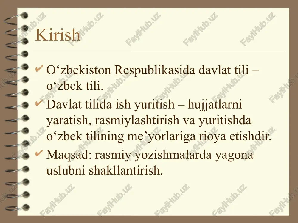 plami. 3. i. karimov, “tilga e’tibor – elga e’tibor”. 4. o‘quv qo‘llanma: ish yuritish asoslari. image2.jpeg image1.png image3.png image4.jpeg image5.png image6.png uritish h yuritish davlat twd aval tloa ish yurits ig yor * fanni o‘gitishdan maqsad — talabalarning yangi alifbo, imlo qoidalari, davlat tilida ish yuritish va mutaxassisligiga oid terminlarni bilishining ilmiy- nazariy asoslarini hamda ularni ijtimoiy hayotning barcha sohalarida qo'llay olishni, ilmiy va ta’lim jarayoniga tatbig qilishning ilmiy-metodik imkoniyatlarini yoritishdan iborat. fanning vazifasi— talabalarniimlo qoidalari, ish yuritish hamda mutaxassislikterminologiyasi bilan tanishtirish. dunyoda yetti mingga yaqin til mavjud, lekin barchatillarga ham davlat tili degan sharafli maqom nasib etmagan. aksariyat tillar imperiya davlatlarning hududida ma‘lum millatlargagina uy-ro‘zg‘or tili sifatida xizmat qiladi. aaa tuda d. yuritish ish yul ae " yuriti sh davlat tilida /sh yuritis h /docprops/thumbnail.jpeg sohada davlat tilida ish