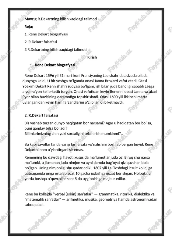 im olib, diplomga ega bo‘lgan va 1616–1618 yillari parijda yashagan. 1618 yil yozida ko‘ngillilar safida harbiy xizmatga yollanib, niderlandiyaga jo‘naydi. shu davrda u dunyoqarashiga kuchli ta’sir o‘tkazgan inson isaak bekman bilan uchrashadi. aynan bekman dekartda fanga, xususan, matematikaga qiziqishni uyg‘otadi. dekart bekmanga bag‘ishlab yangi yil sovg‘asi sifatida o‘sha davrda matematik asosida yozilgan hamda musika haqida risola ham yozgan. 1619 yili u bekman rahbarligida matematika va mexanika muammolari ustida ishlay boshlaydi. so‘ng germaniya armiyasiga xizmatga o‘tish maqsadida niderlandiyani tark etadi. o‘sha yili dekart ulm shahrida g‘aroyib bir tush ko‘radi. ana shu tush ta’sirida u go‘yoki yangi ilmiy metodologiya yaratish zarurligini anglab yetadi. 1620 yili yangi metodlar haqidaqator asarlar yozadi, ammo ularni oxiriga yetkazmay chala qoldiradi. hattoki tafakkurning birlamchi o‘n bir qonunini ishlab chiqadi. bu paytda boshqa ilmiy tadqiqotlar, jumladan, optika bilan ham shug‘ullanadi. 1628 yildan boshlab uni dahriyilikda ayblagan va ayni damda osuda hayot izlab, dekart parijdan niderlandiyaga ko‘chib borib, u …