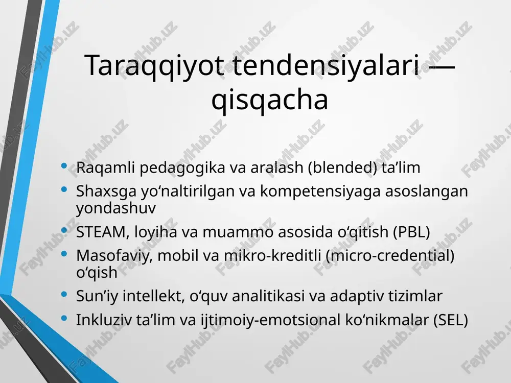 r × imkoniyatlar) raqamli savodxonlik bo‘yicha modul-kurslar va mikro-kredensiallar yangilangan baholash: portfel, rubrika, analitika asosida monitoring resurs tanqis hududlarda arzon/horsiz oer va oflayn kontent paketlari malaka oshirishda ‘mentor–coach’ modeli va ochiq amaliyot hamjamiyatlari st strategiyalari (kuchli tomonlar × tahdidlar) akademik halollik siyosati va ai-etikasi bo‘yicha mahalliy kodeks ma’lumotlar himoyasi: xavfsiz lms va rollarga asoslangan kirish raqamli tafovutni qisqartirish uchun oflayn/low-bandwidth yechimlari darslik va dasturlarni muntazam ‘future skills’ auditi orqali yangilash wt strategiyalari va natijaviy ko‘rsatkichlar (kpi) wt: zaif baholashni kamaytirish → portfel va loyiha asosida baholash ulushini oshirish wt: raqamli ko‘nikmalar pastligi → yiliga kamida 2 mikro-kurs/ustozlik sikli wt: resurs notekisligi → oer to‘plamlarini standartlashtirish va muntazam yangilash kpi: o‘quvchi ishtiroki, topshiriq bajarish sifati, baholash validligi, malaka ko‘rsatkichlari /docprops/thumbnail.jpeg pedagogikaning taraqqiyot tendensiyalari swot tablili