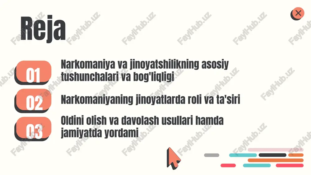 uhim strategik qarorlar qabul qilishda yordam beradi. narkomaniya va jinoyatshilik: statistik ma'lumotlar narkomaniya va jinoyatshilik: o'zaro bog'liqlik sabab va oqibatlar narkomaniya jinoyatlarning asosiy sabablaridan biri bo‘lib, ijtimoiy va iqtisodiy sharoitlar, shuningdek, psixologik muammolar bilan bog‘liq. narkomaniya insonning psixik va jismoniy holatini zaiflashtiradi, bu esa jinoyat qilishga undovchi omil bo‘lishi mumkin. kompleks yondashuvlar muhim. jinoyatlarning oldini olishda narkomaniyaga qarshi kurash narkomaniyaga qarshi kurash jinoyatlarni oldini olishda muhim rol o‘ynaydi. profilaktika va ta’lim dasturlarini rivojlantirish, jamoatchilikni xabardor qilish zarur. oldini olish chora-tadbirlar, qonunchilik va davolash muassasalari muhim. jamiyat ishtiroki va huquqni muhofaza qilish organlari ham faol bo‘lishi kerak. narkomaniya va jinoyat: o'zaro bog'liqlik narkomaniya jinoyat bilan bog'liq bo'lib, psixologik, ijtimoiy va iqtisodiy omillar bilan izohlanadi. narkomanlar odatda jinoyat qilishga moyil bo'lishadi. narkomaniya jinoyatlarda, masalan, narkotik sotib olish, yetkazib berish va tarqatishda muhim rol o'ynaydi. bu ijtimoiy muammolarni ham kuchaytiradi. narkomaniya bilan bog'liq jinoyatlar: qotillik, o'g'irlash, firibgarlik. bu jinoyatlarning oldini olish uchun maxsus …