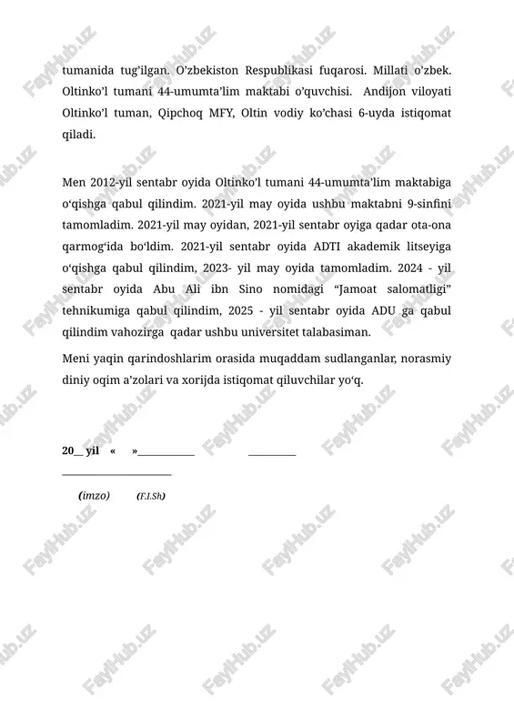 irga qadar ushbu universitet talabasiman. meni yaqin qarindoshlarim orasida muqaddam sudlanganlar, norasmiy diniy oqim a’zolari va xorijda istiqomat qiluvchilar yo‘q. 20__ yil « »____________ __________ _______________________ (imzo) (f.i.sh)