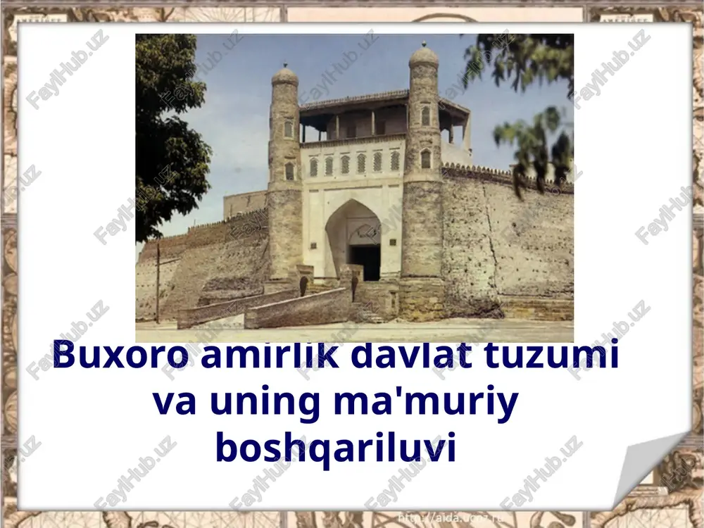 0.2025 9 eng katta davlat lavozimi- qo'shbegi (vaziri buzruk), ya'ni bosh vazir lavozimi edi. davlatning barcha boshqaruv idoralan unga bo'ysunar edi. 09.10.2025 10 bir so'z bilan aytganda, barcha ijroiya hokimiyat qo'shbegining qo'lida edi. viloyat va tuman hokimlari ham qo'shbegi tavsiyasiga binoan tayinlanar edi. qo'shbegi xon arkida yashagan. devonbegi -xonlikning moliya-xazina ishlarini boshqargan. soliqlar undirilishi ustidan nazorat olib borgan. u ark etagida yashagan. 09.10.2025 11 mushrif -amaldorlar xonga in'om etgan buyumlarni hamda harbiy anjomlarni ro'yxatga olgan. soliq tushumlarini yozib borgan. ko'kaldosh -butun amirlik hududida do'stona yoki dusnmanhk munosabatida bo'luvchilar haqida ma'lumotni to'plagan. devonbegi 09.10.2025 12 dodxoh -fuqarolarning arz va shikoyatlarini tinglovchi va hal etuvchi amaldor bo'lgan. inoq -vazifasi amir farmoyishlarini beklardan boshqa tabaqaga yetkazishdan iborat bo'lgan. miroxur -amir otxonasining boshlig'i bo'lgan. dodxoh dasturxonchi -amir huzurida uyushtiriladigan ziyofatlar uchun mas'ul amaldor. kitobdor -amir kutubxonasi boshlig'i. to'qsabo -harbiy qism sarkardasi. 09.10.2025 13 mirshab -tungi shahar soqchilari boshlig'i vazifasini bajargan. mirshab parvonachi -biror-bir shaxs …
