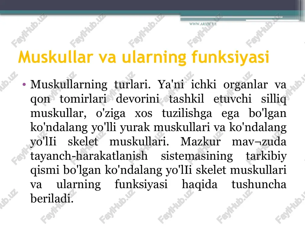ujayralari motoneyron deb ataladi. ular harakatlanuvchi nerv hujayralari bo'lib, orqa miyada hamda bosh miyaning uzunchoq va o'rta miya qismlaridajoy¬lashgan. miya markazlari¬dagi motoneyronlarning uzun tolalari, ya'ni ak¬sonlari tananing turli qis¬mlaridagi muskul tolalari bilan tutashadi. bitta nerv hujayrasining uzun o'simtasi bir nechta mayda tolalarga bo'linib, yuzlab muskul tolalari bilan bog'langan. ana shu bitta nerv hujayrasi uzun o'simtasining mayda tolalari bilan tutashgan. www.arxiv.uz skelet muskullarining shakli. a- duksimon; b- yarim patsimon; 4 v- ikki tomonlama patsimon; g¬ikki boshli muskul; d- serbar mus¬kul; e- ikki qorinli muskul; j- pa¬rallel tolali uzon muskul; 1- muskul¬niog payi; 2- muskulning bosh qismi; 3- muskulning qorin qismi; 4- mus¬kulning tanasi; 5- muskulning payli belbog'lari. www.arxiv.uz muskullar harakatini ta'¬minlovchi motoneyronlarning orqa miya, uzunchoq va o'rta miyadagi markazlarining funk¬siyasi bosh miya yarim sharlari po'stloq qismining oldingi markaziy egatida joylashgan nerv hujayralari harakatlanish oliy nerv markazlari tomoni¬dan boshqariladi. agar bosh miya po'stlog'idagi nerv markazla¬rining ishi buzilsa, markaz boshqaradigan muskullar falaji yuzaga …