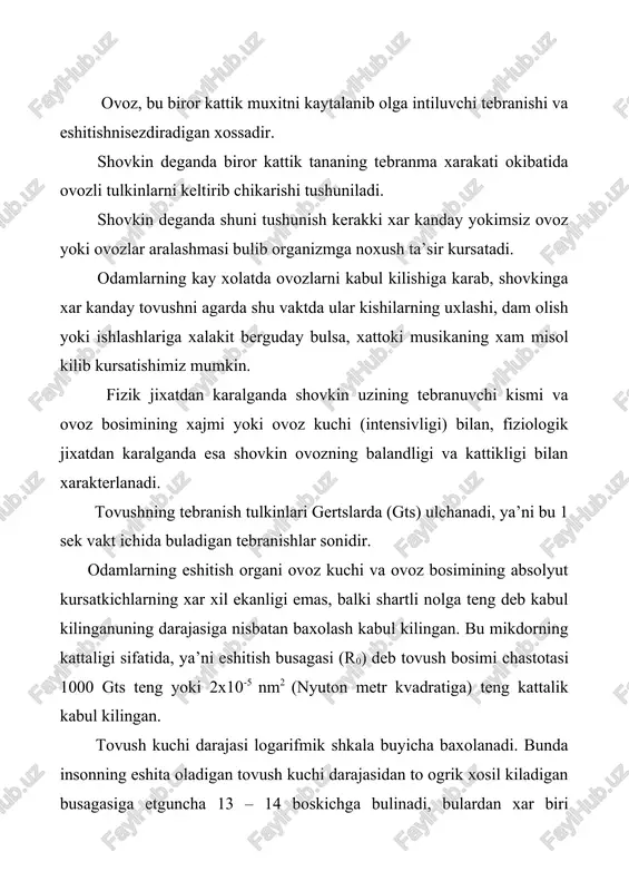 attalik belga nisbatan 10 marta kam va fiziologik jixatdan olinganda tovush kattikligining uzgarishlarini xam xarakterlaydi. atrof muxit xolati tabiiy-fizik omillarning: xarorat, namlik, xavo okimi, kuyosh radiatsiyasi, atmosfera bosimi, magnit maydoni graditatsiyasi va ub-nurlanishnig borligiga va vujudga chikishi bilan xarakterlanadi. antropogen fizik omillar katoriga shovkin, vibratsiya, elektromagnit maydon kabilar kiradi. fizik faktorlar ichida ikkita katta guruxni ajratsa buladi: mexanik tebranish va elektromagnit nurlanish. mexanik omillarga xar jadallikdagi va chastotadagi shovkin tebranish, ultratovush tulkinlnishi kiradi. elektromagnit nurlanish uz ichiga infra kizil, ultra binafsha, rentgen, gamma nurlanish va boshkalarni oladi. uy sharoitida xam, ishlab chikarish sharoitida xam odam organizmiga statik elektrik va doimiy magnit maydonlari tasirini utkazib turadi. yukorida kurib chikilgan barcha omillar ruxsat etilgan meyoriy darajadan ortik xolda atrof muxitni zararlasa, odam organizmiga salbiy tasir kursatadi. emm turkumiga ionlashtirilmaydigan yigindisi elektromagnit nurlanishlardan elektrostatik doimiy magnit past chastotali maydon gradient chastotadagi emm infrakizil kurinuvchi va ultrabinafsha lazer nurlar kiradi. uzgaruvchan emm-magnit va elektr …