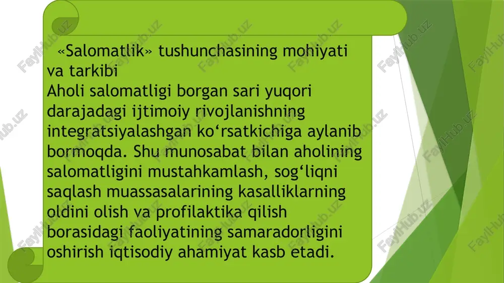 olatlari mavjud. masalan, ikki ming yil muqaddam galen quyidagi uchta holatni ajratib ko'rsatgan: sog'liq, kasallik va o‘rta holatlar. ibn sino olti toifali tasnif yaratgan: birinchi to‘rttasi sog'liqning turli holatlariga mos, qolgan ikkitasi — har xil darajadagi kasalliklar1. ko‘pchilik hozirgi olimlar sog'liqni kishining optimal tarzda fiziologik, ruhiy va ijtimoiy-tuyg‘uli faoliyatiga layoqatliligi sifatida talqin qiladi. i.v.davidovskiy — «salomatlikni kishida jamlangan barcha biologik va ijtimoiy qobiliyatlar to'liq namoyon bo'ladigan hamda orga­nizmning barcha muhim hayotiy tizimlari imkon qadar jadal va katta tezlikda faoliyat ko'rsatadigan holatidir»1 — deb sanagan. d.d.venediktov esa salomatlikni «organizmning atrofdagi tabiat va ijtimoiy muhit bilan dinamik tenglashish holati»2 — deb ta’riflagan butunjahon sog'liqni saqlash tashkiloti tomonidan «salomat­lik» tushunchasiga quyidagicha ta’rif berilgan: «salomatlik — bu nafaqat kasalliklar va boshqa jismoniy nuqsonlarning mavjud bo'lmasligi, balki, shu bilan birga, to'liq jismoniy, ruhiy va ijtimoiy jihatdan ijobiy holat hamdir». mazkur ta’rifni biz mukammal va qoniqtiradigan darajada, deb sanaymiz nazarimizda «salomatlik» tushunchasiga akademik v.p.kazna- cheev tomonidan …