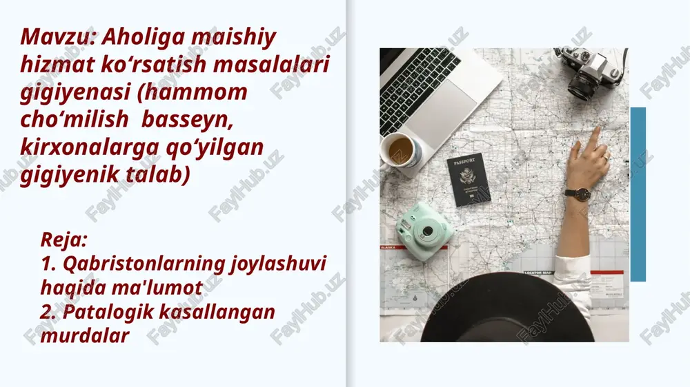 .5 m, uzunligi 2 m, kengligi 1 m bo’lishi lozim. qabristondagi tuproqning balandligi yyer yuzasidan 0.5 m bo’lishi kyerak. yor-birodarlik qabrlarida (2) qabrlar chuqurligi 2.5 metrdan kam bo’lmasligi kyerak. o’lgan odamlarni ko’mish joyigacha maxsus transportlarda va “tovut”da olib borilishi lozim. 6 patologo-anatomik jasadlarni yaqinlari bilan xayrlashish uchun murda maxsus balg’zamlanadi (formalin, spirt va sovutiladi). o’tkir infektsiya bilan o’lgan odamning yaqinlari bilan xayralishishi uchun tovut ochilmaydi. o’lgan odamning jasadini bir aholi punktidan ikkinchi aholi punktiga olib kelishda mahalliy dsenm ruxsati bo’lishi lozim. murdani eksgumatsiya qilishga ko’milgandan keyin bir yil muddat o’tgandan so’ng ruxsat etiladi. agarda tezlik bilan o’tkazish lozim bo’lsa, u holda prokuratura organlarini maxsus qarori bo’lishi kyerak. eksgumatsiyani yilning sovuq vaqtida, kun yorug’ bo’lganda o’tkazish maqsadga muvofiq hisoblanadi. 7 qabristonlar hududi doimo tozalanib, qattiq maishiy chiqindilardan va kuzda hazonlardan tozalanishi kyerak. qabristonlarning hizmat qilish davri (20 yil) tugagandan so’ng, ulardan yashil o’simliklar massivi rekreatsion maqsadlar uchun foydalanishga ruxsat etiladi 9 …