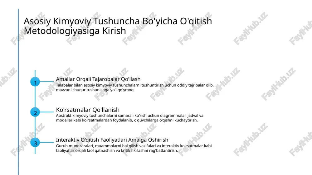 lgan faoliyatlar 1 qo'llab-quvvatlash faoliyatlari ahamiyati qo'llab-quvvatlash faoliyatlari talabalar qatnashish va tushunchani tushuntirishni kuchaytiradi, masalan, eksperimentlar olib borish, modellar qurish va kimyoviy reaksiyalarni to'g'ri vaqtida ko'rish. 2 talabalar uchun foydalar qo'llab-quvvatlash faoliyatlari kritik fikrlashni, muammolar yechish ko'nikmalarini va kimyoning har kuni hayotda qanday muhimligini tushunishni oshiradi. 3 samarali amalga oshirish strategiyalari qo'llab-quvvatlash faoliyatlarni laboratoriya eksperimentlari, interaktiv simulatsiyalar va guruh loyihalari orqali amalga oshiring, talabalar uchun dinamik o'qitish muhitini yaratish uchun. kimyo asoslarini o'rganishda ko'rsatmalarning o'qitishni kuchaytirishdagi roli 1 2 3 3d modellarining ahamiyati interaktiv simulatsiyalar roli infografika va diagrammalarning foydasi 3d modellar talabalar uchun molekulyar tuzilmalarni vizualizatsiya qilishga yordam beradi, kimyo aloqalarini va reaktsiyalarini tushunishni kuchaytiradi. interaktiv simulatsiyalar talabalar uchun turli kimyo reaktsiyalarini xavfsiz va qiziqarli usulda sinab ko'rishga imkon beradi, faol o'rganishni ta'lqilaydi. infografika va diagrammalar murakkab kontseptlarni osonlashtiradi, talabalar uchun asosiy kimyo asoslari va aloqalarni tushunishni osonlashtiradi. kimyo o'qitishda texnologiyalardan samarali foydalanish 1 2 3 interaktiv simulatsiyalar onlayn …