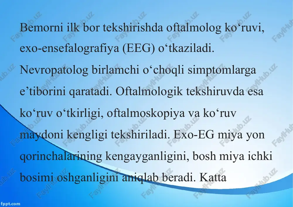 irish maqsadida glukokortikosteroid preparatlar buyuriladi. shuni unutmaslik kerakki, konservativ davo kasallikni keltirib chiqargan sababni bevosita yo‘qota olmaydi, faqatgina vaqtinchalik simptomlarni kamaytirish uchun qo‘llaniladi. eng samarali davo chorasi xirurgik muolajadir. jarrohlik amaliyoti o‘smaning joylashgan joyi, hajmi, turi va tarqalganligiga qarab belgilanadi. kichik o‘lchamdagi o‘smalarda stereotaksik radioxirurgiya o‘tkaziladi, ya’ni kiber pichoq va gamma pichoqlar yordamida o‘smani yo‘qotish o‘smaning o‘lchami 3 smgacha bo‘lgandagina o‘tkaziladi. yaqqol namoyon bo‘lgan gidrosefaliyada esa miyani shuntlash (tashqi ventrikulyar drenajlash, ventikuloperitoneal drenajlash) amaliyoti bajariladi. nur terapiya va kimyoterapiya xirurgik davoga qo‘shimcha ravishda olib boriladi, yoki palliativ operatsiya maqsadida (vaqtinchalik hayot sifatini yaxshilash). operatsiyadan keying nur terapiyasi, o‘sma gistologik tekshiruvda atipik hujayralardan iborat ekanligi aniqlansagina bajariladi. kimyo terapiya o‘sma hujayralari tipiga va organizmning ko‘tara olish xususiyatiga qarab buyuriladi. bosh miya o‘smalari prognozi va profilaktikasi miya o‘samalari yaxshi sifatli, o‘lchami kichik va operatsiya qilish uchun imkon bo‘lsagina ijobiy natija beradi. biroq, ko‘pgina o‘smalar qaytalanuvchi bo‘ladi va qayta operatsiya o‘tkazishni talab qiladi. …