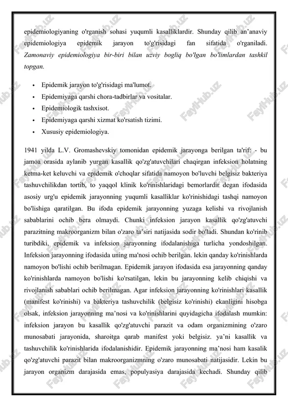 ng. genotip va fenotiplari geterogen. moyillik darajasi turlicha va o'zgaruvchan bo'lgan kishilar populyasiyasiga ta’siri natijasida aholi o'rtasida sodir bo'ladigan kasallanishlardan iboratdir. shu bilan birgalikda epidemiologiya epidemik jarayon haqidagi fan sifatida ham o'ziniim ahamiyatini saqlab qoldi. an’anaviy epidemiologiyaning o'rganish sohasi yuqumli kasalliklardir. shunday qilib an’anaviy epidemiologiya epidemik jarayon to'g'risidagi fan sifatida o'rganiladi. zamonaviy epidemiologiya bir-biri bilan uzviy bogliq bo'lgan bo'limlardan tashkil topgan. · epidemik jarayon to'g'risidagi ma'lumot. · epidemiyaga qarshi chora-tadbirlar va vositalar. · epidemiologik tashxisot. · epidemiyaga qarshi xizmat ko'rsatish tizimi. · xususiy epidemiologiya. 1941 yilda l.v. gromashevskiy tomonidan epidemik jarayonga berilgan ta'rif: - bu jamoa orasida aylanib yurgan kasallik qo'zg'atuvchilari chaqirgan infeksion holatning ketma-ket keluvchi va epidemik o'choqlar sifatida namoyon bo'luvchi belgisiz bakteriya tashuvchilikdan tortib, to yaqqol klinik ko'rinishlaridagi bemorlardir degan ifodasida asosiy urg'u epidemik jarayonning yuqumli kasalliklar ko'rinishidagi tashqi namoyon bo'lishiga qaratilgan. bu ifoda epidemik jarayonning yuzaga kelishi va rivojlanish sabablarini ochib bera olmaydi. chunki infeksion jarayon kasallik …