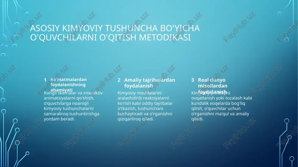 ror amaliyotlar orqali ekologik muammolarning kimyoviy asoslarini tushuntirish, ma'rifatni oshirish va mas'ul qabul-qilishni rag'batlantirish. amaliy mashg'ulotlar shuningdek, suvning elektrolizi yoki slim yaratish kabi mashg'ulotlar orqali talabalar bilan qiziqish va nazariy fikrlash ko'rsatish. tekhnologiyalar roli asosiy kimyoviy konseptlarni o'qitishda 1 2 3 interaktiv simulyatsiyalar onlayn resurslar hamkorlik vositalari virtual eksperimentlar va molekulyar modelleme dasturlari talabalar uchun kimyoviy konseptlarni qo'llanishli, qiziqtiruvchi usulda vizualizatsiya qilishga imkon beradi. onlayn darsliklar, testlar va interaktiv videolar ga kirish talabalarga asosiy kimyoviy prinsiplarni tushuntirishlarini sinashlarini klasdan tashqari mustahkamlash imkonini beradi. google docs va onlayn munozaralar kabi platformalar talabalar orasida hamkorlikni tashqi qilish, shuningdek kimyoviy konseptlarni o'zaro bilim almashish orqali tushuntirishni kuchaytirish uchun imkon yaratadi. kimyo darslarida talabalar bilan ishlash strategiyalari 1 amaliy mashg'ulotlarni qo'llash talabalarni kimyo fanidan tushunchalarini kuchaytirish maqsadida kimyoviy reaksiyalarni yoki laboratoriya tekshirishlarini kabi amaliy mashg'ulotlarga qatnashishga rag'batlantiring. 2 multimediya resurslaridan foydalanish o'quvchilarni abstrakt kimyo tushunchalarini samarali ko'rishlari va darslarni qiziqarliroq qilish uchun videolar, animatsiyalar …
