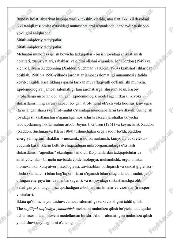 ddonning (xaddon, suchman va klein, 1964) kashshof ishlaridan boshlab, 1980 va 1990-yillarda jarohatlar jamoat salomatligi muammosi sifatida ko'rib chiqildi. kasalliklarga qarshi tarixan muvaffaqiyatli qo'llanilishi mumkin. epidemiologiya, jamoat salomatligi fani jarohatlarga, shu jumladan, kasbiy jarohatlarga nisbatan qo'llanilgan. epidemiologik model agent (kasallik yoki shikastlanishning zaruriy sababi bo'lgan atrof-muhit ob'ekti yoki hodisasi), uy egasi (ta'sirlangan shaxs) va atrof-muhit o'rtasidagi munosabatlarni tavsiflaydi. uning ish joyidagi shikastlanishni o'rganishga moslashishi asosan jarohatlar bo'yicha tadqiqotlarning ikkita muhim arbobi jeyms j. gibson (1961) va keyinchalik xaddon (xaddon, suchman va klein 1964) tushunchalari orqali sodir bo'ldi. xeddon energiyaning turli shakllari - mexanik, issiqlik, nurlanish, kimyoviy yoki elektr - yuqumli kasalliklarni keltirib chiqaradigan mikroorganizmlarga o'xshash shikastlanish "agentlari" ekanligini tan oldi. ko'p fanlardan tadqiqotchilar va amaliyotchilar - birinchi navbatda epidemiologiya, muhandislik, ergonomika, biomexanika, xulq-atvor psixologiyasi, xavfsizlikni boshqarish va sanoat gigienasi - ishchi (xizmatchi) bilan bog'liq omillarni o'rganish bilan shug'ullanadi; muhit; jalb qilingan energiya turi va manbai (agent); va ish joyidagi shikastlanishga …