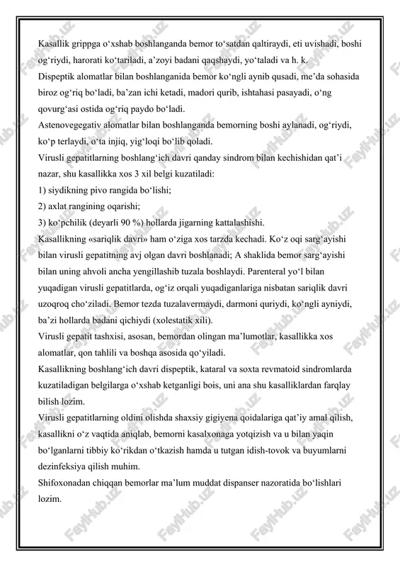 b qusadi, me’da sohasida biroz og‘riq bo‘ladi, ba’zan ichi ketadi, madori qurib, ishtahasi pasayadi, o‘ng qovurg‘asi ostida og‘riq paydo bo‘ladi. astenovegegativ alomatlar bilan boshlanganda bemorning boshi aylanadi, og‘riydi, ko‘p terlaydi, o‘ta injiq, yig‘loqi bo‘lib qoladi. virusli gepatitlarning boshlang‘ich davri qanday sindrom bilan kechishidan qat’i nazar, shu kasallikka xos 3 xil belgi kuzatiladi: 1) siydikning pivo rangida bo‘lishi; 2) axlat rangining oqarishi; 3) ko‘pchilik (deyarli 90 %) hollarda jigarning kattalashishi. kasallikning «sariqlik davri» ham o‘ziga xos tarzda kechadi. ko‘z oqi sarg‘ayishi bilan virusli gepatitning avj olgan davri boshlanadi; a shaklida bemor sarg‘ayishi bilan uning ahvoli ancha yengillashib tuzala boshlaydi. parenteral yo‘l bilan yuqadigan virusli gepatitlarda, og‘iz orqali yuqadiganlariga nisbatan sariqlik davri uzoqroq cho‘ziladi. bemor tezda tuzalavermaydi, darmoni quriydi, ko‘ngli ayniydi, ba’zi hollarda badani qichiydi (xolestatik xili). virusli gepatit tashxisi, asosan, bemordan olingan ma’lumotlar, kasallikka xos alomatlar, qon tahlili va boshqa asosida qo‘yiladi. kasallikning boshlang‘ich davri dispeptik, kataral va soxta revmatoid sindromlarda …