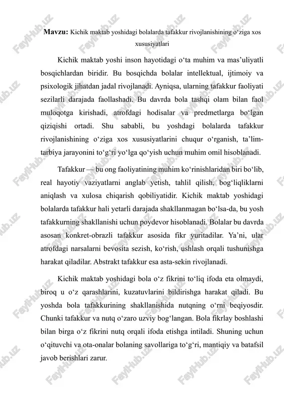 . mazkur yoshdagi bolalar uchun fikrlash jarayoni asosiy faoliyat shakllari — o‘yin, o‘qish, mehnat va ijtimoiy muloqot orqali shakllanadi. o‘yin faoliyati bolalarning tafakkurini rivojlantirishda asosiy vositadir. o‘yin orqali bola sinaydi, kuzatadi, taqqoslaydi, xulosa chiqaradi. masalan, konstruktorlar bilan o‘ynagan bola turli shakl va hajmdagi detallarni birlashtirib, murakkab tuzilmalarni yaratadi. bu esa tafakkurning faol harakatga aylanishi demakdir. kichik maktab yoshidagi bolalar predmetlar va hodisalar orasidagi bog‘liqlikni tushunishga intiladilar. ular “nima uchun?”, “qanday qilib?”, “agar shunday bo‘lsa-chi?” kabi savollar berishadi. bu savollar bolada mantiqiy fikrlashning shakllanayotganidan dalolat beradi. bola sabab va oqibatni tushunishga, xulosalar chiqarishga harakat qiladi. shu sababli bu yoshdagi bolalarning fikrlash qobiliyatini rivojlantirishda savol-javoblar, muammoli topshiriqlar, munozaralar muhim o‘rin tutadi. o‘quv jarayonida kichik maktab o‘quvchisining tafakkurini faollashtiradigan mashg‘ulotlar tashkil etilishi lozim. masalan, qarama-qarshi hodisalarni solishtirish, analogiyalar topish, predmetlar orasidagi farqlar va umumiyliklarni aniqlash, sabab-oqibat bog‘liqligini tushuntirish kabi topshiriqlar bolaning tafakkurini o‘stirishda samarali hisoblanadi. bunda o‘qituvchining metodik yondashuvi va savol berish uslubi …