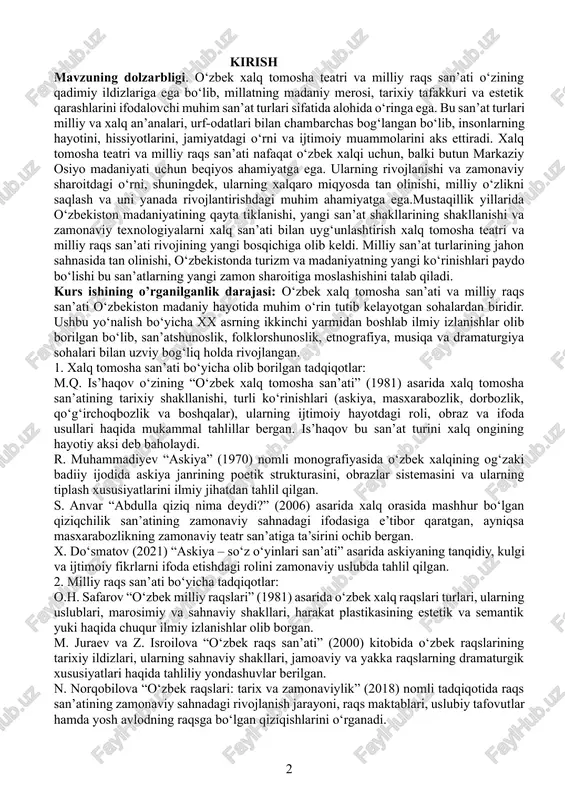 raqs san’ati o‘zbekiston madaniy hayotida muhim o‘rin tutib kelayotgan sohalardan biridir. ushbu yo‘nalish bo‘yicha xx asrning ikkinchi yarmidan boshlab ilmiy izlanishlar olib borilgan bo‘lib, san’atshunoslik, folklorshunoslik, etnografiya, musiqa va dramaturgiya sohalari bilan uzviy bog‘liq holda rivojlangan. 1. xalq tomosha san’ati bo‘yicha olib borilgan tadqiqotlar: m.q. is’haqov o‘zining “o‘zbek xalq tomosha san’ati” (1981) asarida xalq tomosha san’atining tarixiy shakllanishi, turli ko‘rinishlari (askiya, masxarabozlik, dorbozlik, qo‘g‘irchoqbozlik va boshqalar), ularning ijtimoiy hayotdagi roli, obraz va ifoda usullari haqida mukammal tahlillar bergan. is’haqov bu san’at turini xalq ongining hayotiy aksi deb baholaydi. r. muhammadiyev “askiya” (1970) nomli monografiyasida o‘zbek xalqining og‘zaki badiiy ijodida askiya janrining poetik strukturasini, obrazlar sistemasini va ularning tiplash xususiyatlarini ilmiy jihatdan tahlil qilgan. s. anvar “abdulla qiziq nima deydi?” (2006) asarida xalq orasida mashhur bo‘lgan qiziqchilik san’atining zamonaviy sahnadagi ifodasiga e’tibor qaratgan, ayniqsa masxarabozlikning zamonaviy teatr san’atiga ta’sirini ochib bergan. x. do‘smatov (2021) “askiya – so‘z o‘yinlari san’ati” asarida askiyaning …