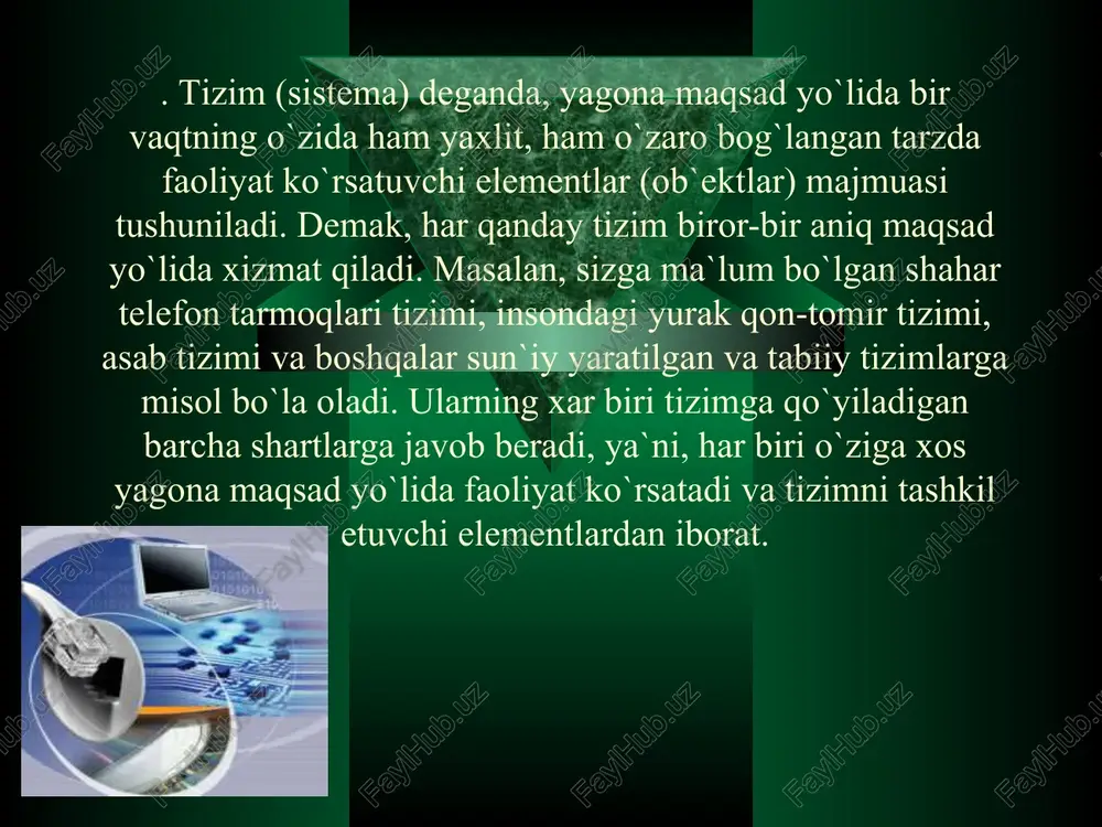 t texnologiyalari va axborot tizimlarini rivojlantirish hamda takomillashtirishning zamonaviy jahon tamoyillarini hisobga olgan holda, milliy axborot tizimini yaratishga qaratilgan. ta’kidlash joizki, milliy axborot tizimiga davlat organlari, shuningdek, yuridik hamda jismoniy shaxslar, tarmoq va hududiy axborot tizimlari kiradi o‘zbekiston respublikasining “axborotlashtirish to‘g‘risida”gi qonuni (11.12.2003 yil) 19-moddasida ko‘rsatilganidek, axborot resurslari va axborot tizimlarini muhofaza qilish avvalambor, shaxs, jamiyat va davlatning axborot xavfsizligini ta’minlash maqsadida amalga oshiriladi. mazkur qonunning 20-moddasida: “axborot resurslari va axborot tizimlari, agar ular bilan g‘ayriqonuniy munosabatda bo‘lish natijasida axborot resurslarining yoki axborot tizimlarining mulkdorlariga, egalariga yohud boshqa yuridik hamda jismoniy shaxslarga zarar yetkazilishi mumkin bo‘lsa, muhofaza qilinishi kerak. davlat organlari, yuridik va jismoniy shaxslar davlat sirlari hamda maxfiy sirlar to‘g‘risidagi axborotni o‘z ichiga olgan axborot resurslari va axborot tizimlarining muhofaza qilinishini ta’minlashi shart”, deb alohida ko‘rsatilgan. davlat organlari axborot tizimlari tarkibiga quyidagilarni kiritish mumkin: - muayyan davlat organi tomonidan maqsad hamda vazifalarini amalga oshirishga xizmat qiluvchi tranzaksiyali va hisobdagi …
