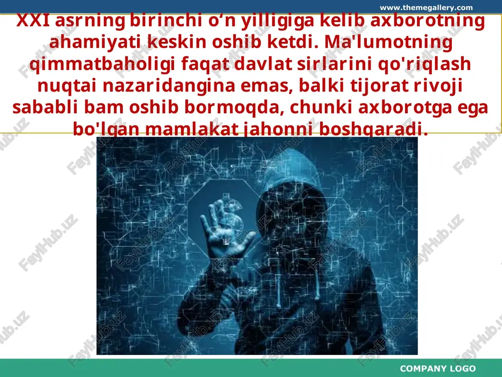 an iborat bo’lib, tizimlarni texnik himoyalashda bevosita foydalaniladi. company logo www.themegallery.com keng imkoniyatli (0,01 -1000 mhz) elektromagnit generatorlari kompyuter va boshqa uskunalardan chiquvchi qo‘shimcha to’lqinlarini sezdirmaslik vazifasini o‘taydi. company logo www.themegallery.com axborotni yashirin olishga mo’ljallangan mobil aloqa telefonlarini aloqadan uzish, elektr tarmog‘idan ma’lumot chiqmasligini ta’minlovchi filtrlar, diktofonlarni kuchli elektromagnit to’lqinlar bilan ishdan chiqaruvchi vositalar qo’llaniladi. company logo www.themegallery.com dasturiy vositalar tarkibiga axborot xavfsizligi, foydalanuvchilar shaxsini identifikatsiyalash, kirish nazoratini o‘rnatish, ma’lumotlarni yashirin ko‘rinishga keltirish kabi vazifalarni bajarishga mo’ljallangan maxsus dasturiy vositalar tizimi kiradi. company logo www.themegallery.com axborotni himoyalovchi dasturiy vositalarning tarkibi quyidagilardan iborat: bir necha fayl yoki jildlarni yig’ish orqali ularning hajmini keskin kamaytirib tashqi ta’sirlardan himoyalash dasturlari; kompyuter tizimiga beruxsat kirishdan himoyalash dasturlari; tizimni viruslardan himoyalashga mo’ljallangan antivirus dasturlari; ma’lumotlar yashirinligini ta’minlovchi kiptografik dasturlar. company logo www.themegallery.com arxivlashdan asosiy maqsad fayllarni viruslardan himoyalash va ixchamlashtirishdan iborat. company logo www.themegallery.com savol va topshiriqlar 1. axborot xavfsizligiga asosiy tahdidlar nimalardan iborat? 2. …