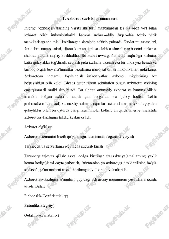 rity) qobillik(availability) 2. fakt va raqamlar. aqsh dagi kompyuter xavfsizligi instituti va fbr tomonidan kompyuter jinoyatlari bo'yicha 1999 yilda o'tkazilgan so'rov natijalariga ko'ra so'rovda qatnashgan tashkilotlarning 57 foyizi internet bilan ulanish joyi "ko'pincha tajovuzlar tashkil etiladigan joy" deb, 30 foyizi ularning tarmog'iga suqulib kirish yuz berganini, 26 foyizi esa tajovuz vaqtida pinhona axborotni o'g‘irlash sodir bo'lganini ma'lum qilishgan. aqsh kompyuter jinoyatlariga qarshi kurash federal markazi - fedcirc ma'lumotlariga ko'ra 1998 yilda 1100000 kompyuterli 130000 ga yaqin davlat tarmoqlari tajovuzga duchor bo'lgan. "kompyuter tajovuzi" deganda kishilar tomonidan kompyuterga beruxsat kirish uchun maxsus dasturni ishga tushirishni nazarda tutiladi. bunday tajovuzlarni tashkil etish shakllari har xil. ular quyidagi turlarga bo'linadi kompyuterga olisdan kirish: internet yoki intranetga kimligini bildirmay kirishga imkon beruvchi dasturlar o'zi ishlab turgan kompyuterga kirish: kompyuterga kimligini bildirmay kirish dasturlari asosida. kompyuterni olisdan turib ishlatmay qo'yish: internet (yo tarmoq) orqali olisdan kompyuterga ulanib, uning yoki uni ayrim dasturlarining ishlashini to'xtatib qo'yuvchi …