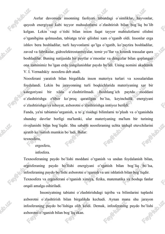 ib keldi. demak, infosferaning paydo bo’lishi axborotni o’rganish bilan bog`liq ekan. axborot lotincha informatio so’zidan olingan bo`lib, tushuntirish, biror narsani bayon qilish yoki biror narsa yoki hodisa hakida ma'lumot ma'nosini anglatadi. inson yashaydigan dunyo turli moddiy va nomoddiy ob'ektlar, shuningdek, ular o`rtasidagi o`zaro aloqa va o`zaro ta'sirlardan, ya'ni jarayonlardan tashkil topgan. sezish a'zolari, turli asboblar va hokazolar yordamida qayd etiladigan tashqi dunyo dalillari ma'lumotlar deb ataladi. ma'lumotlar aniq vazifalarni hal etishda zarur va foydali deb topilsa — axborotga aylanadi. demak, ma'lumotlarga u yoki bu sabablarga ko`ra foydalanilmayotgan yoki texnik vositalarda qayta ishlanilayotgan, saqlanayotgan, uzatilayotgan belgilar yoki yozib olingan kuzatuvlar sifatida qarash mumkin. agar bu ma'lumotlardan biror narsa to’g’risidagi mavhumlikni kamaytirish uchun foydalanish imkoniyati tug`ilsa, ma'lumotlar axborotga aylanadi. demak, amaliyotda foydali deb topilgan, ya'ni foydalanuvchining bilimlarini oshirgan ma'lumotlarnigina axborot deb atasa bo`ladi.masalan, qog`ozga telefon raqamlarini ma'lum tartibda yozib, birovga ko’rsatsangiz, u buni biror axborot bermaydigan ma'lumot sifatida qabul qiladi. biroq ana …